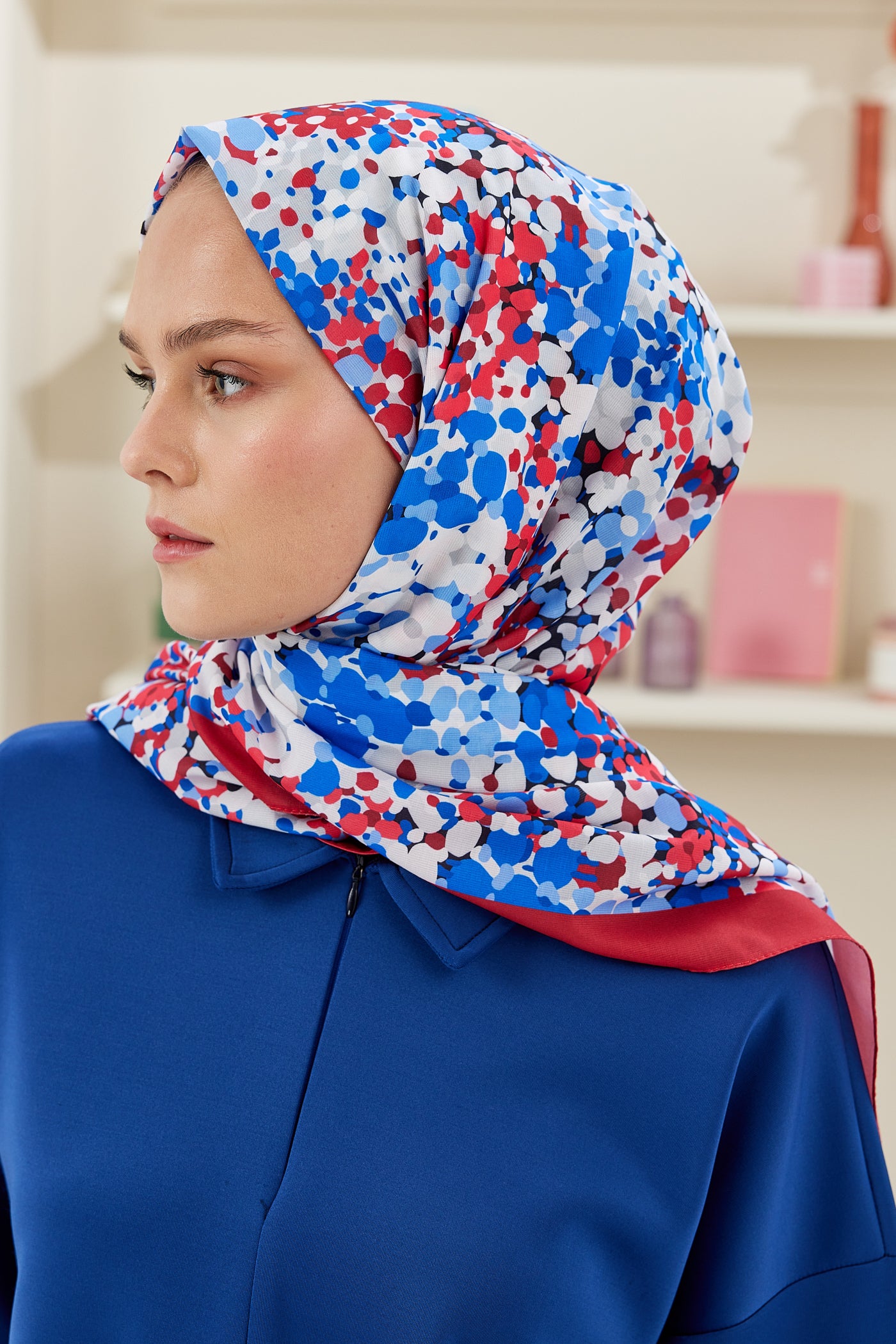 Tesettür Giyim - Pro Line Lavin Desen Şal - Kırmızı - İndigo - Emproyal