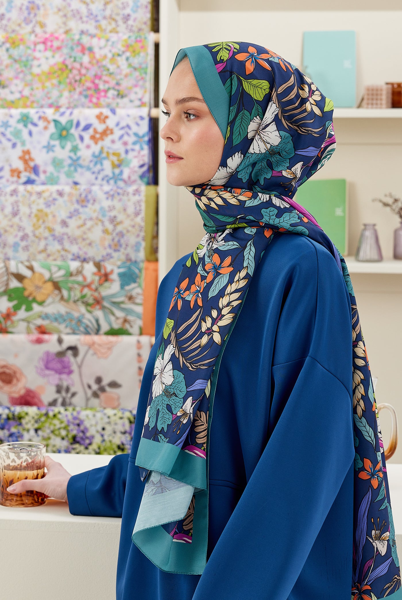 Tesettür Giyim - Pro Line Viola Desen Şal - Turkuaz - Emproyal