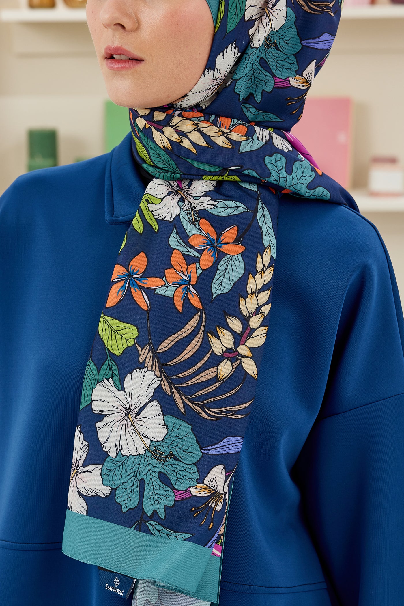 Tesettür Giyim - Pro Line Viola Desen Şal - Turkuaz - Emproyal