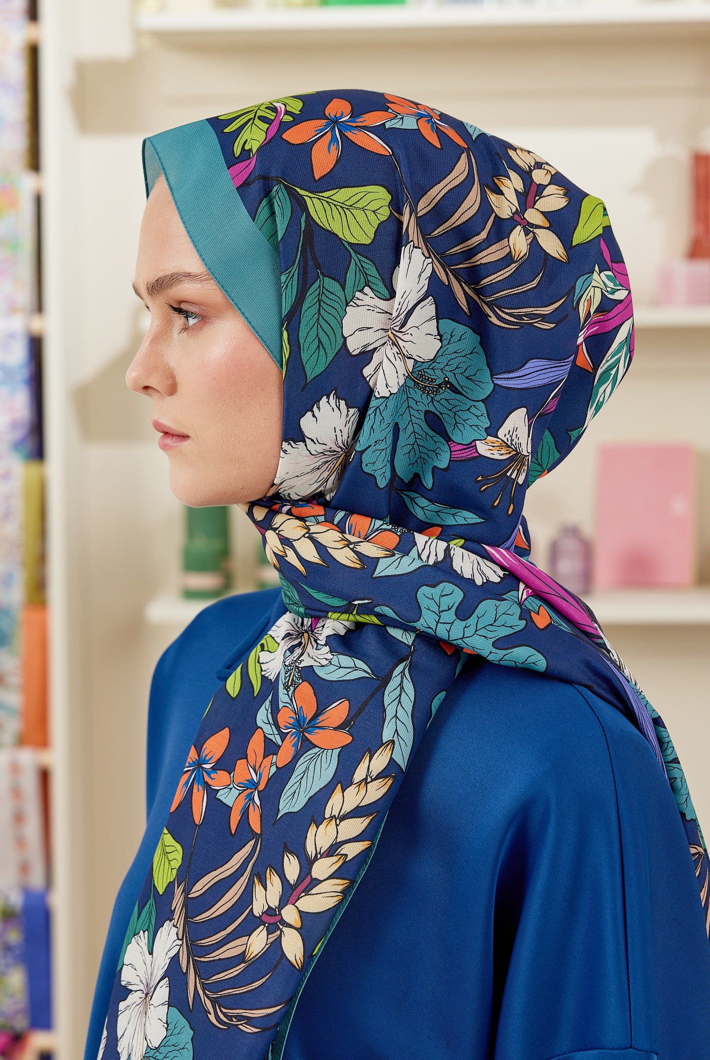 Tesettür Giyim - Pro Line Viola Desen Şal - Turkuaz - Emproyal