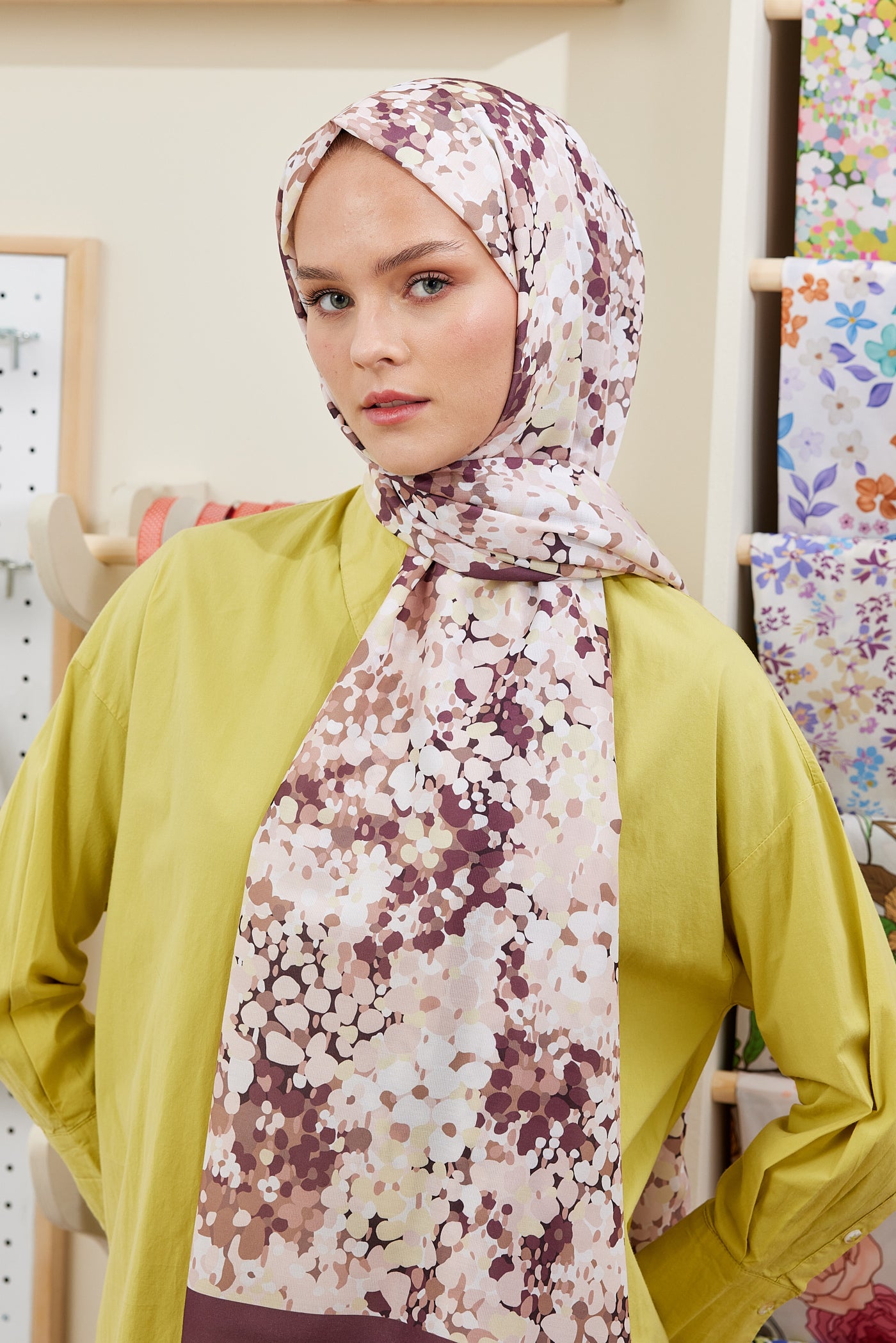 Tesettür Giyim - Pro Line Lavin Desen Şal - Mürdüm - Kahverengi - Emproyal