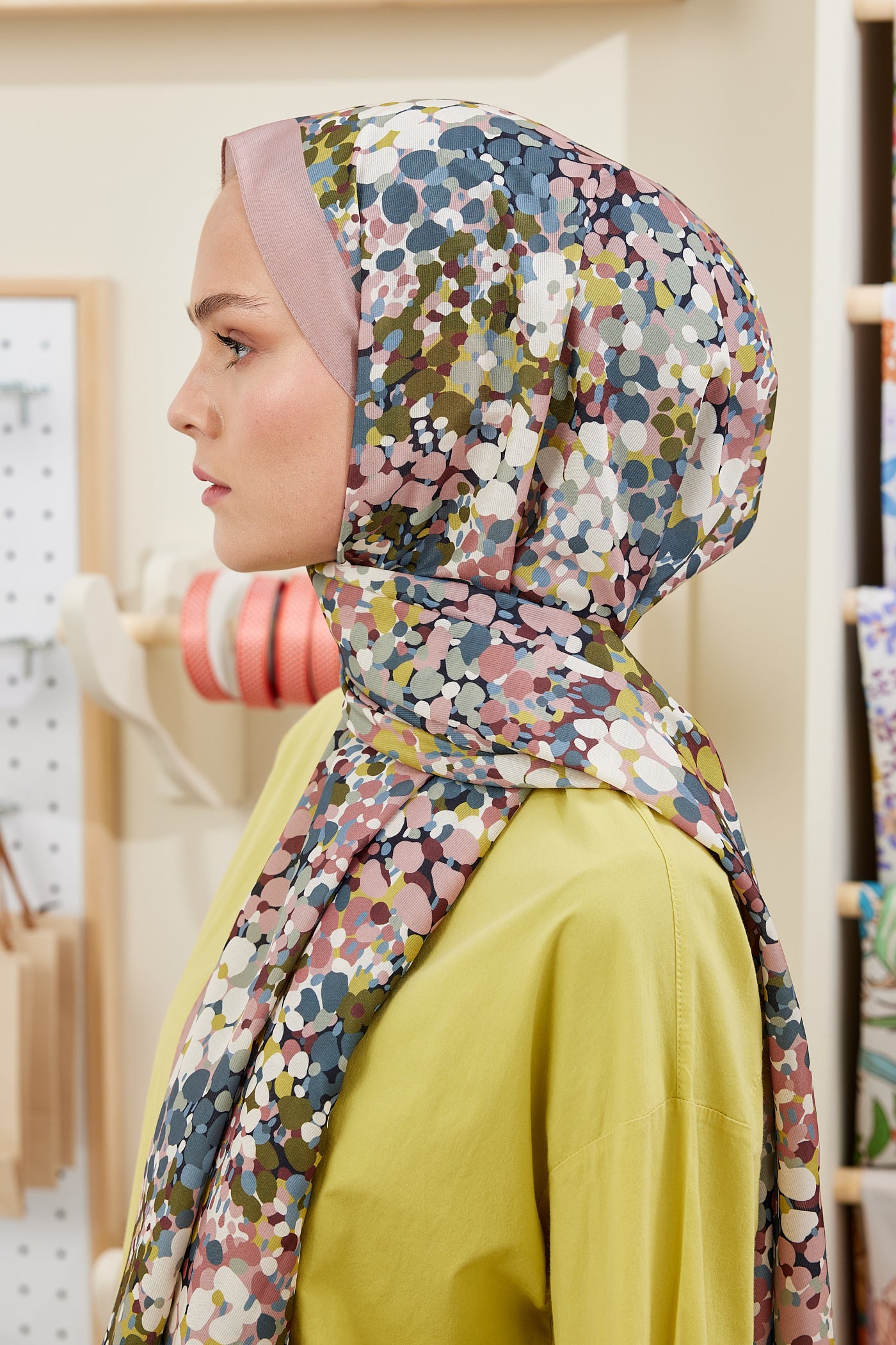 Tesettür Giyim - Pro Line Lavin Desen Şal - Gül Kurusu - Krem - Emproyal