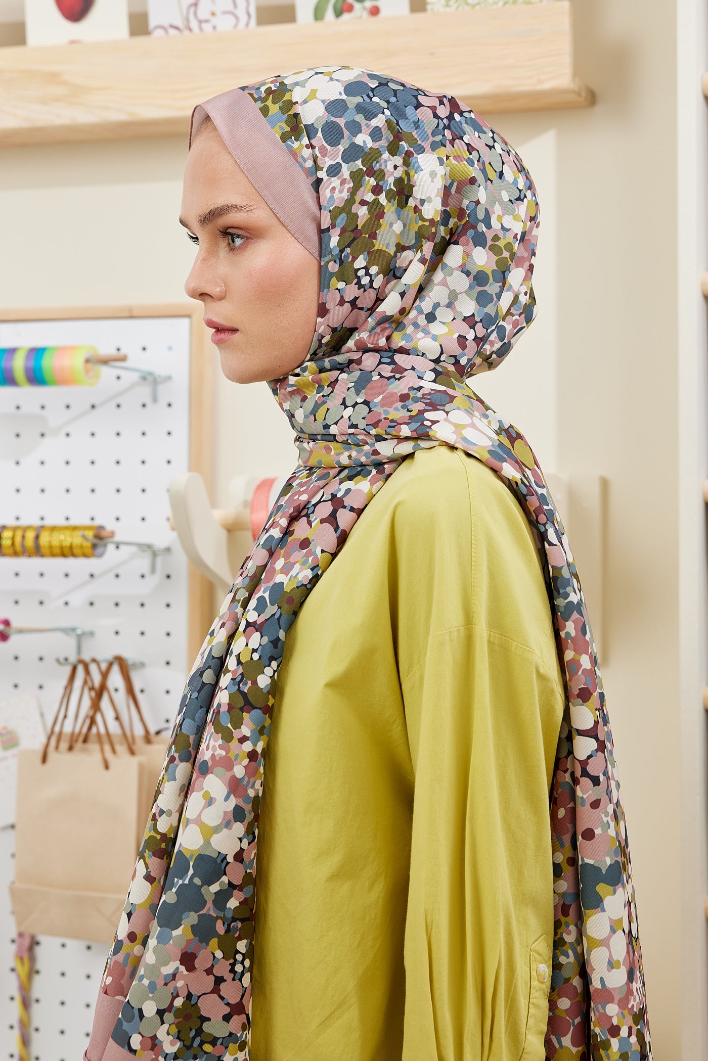 Tesettür Giyim - Pro Line Lavin Desen Şal - Gül Kurusu - Krem - Emproyal