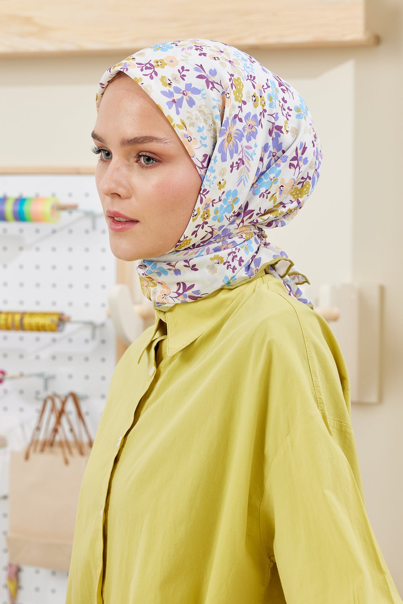 Tesettür Giyim - Pro Line Rosaline Desen Eşarp - Yağ Yeşil - Lila - Emproyal