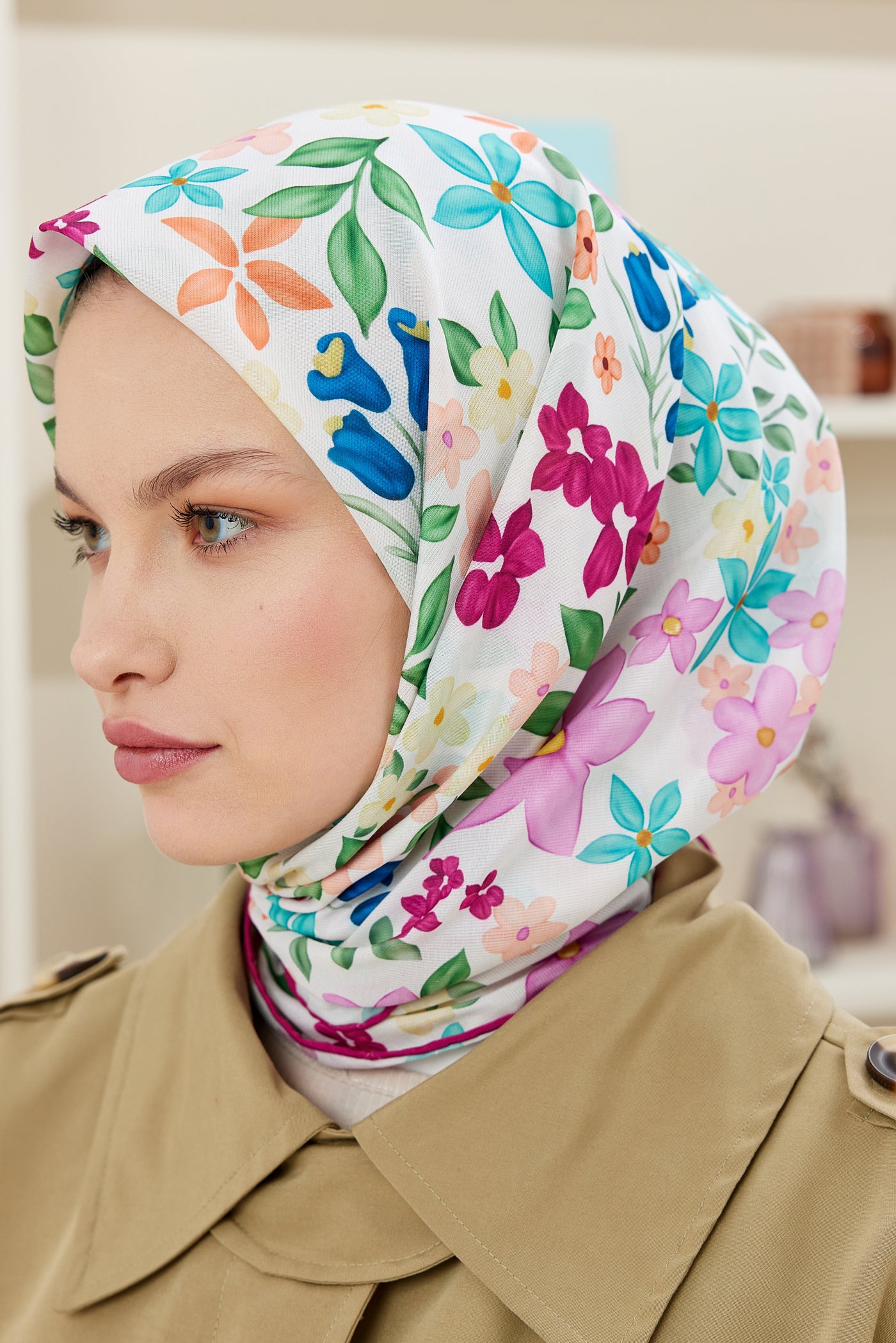 Tesettür Giyim - Pro Line Florie Desen Eşarp - Beyaz - Pembe - Emproyal