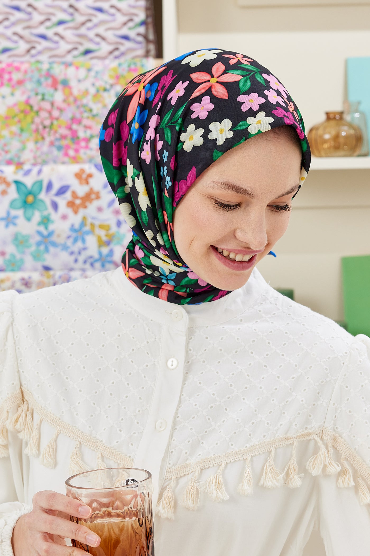 Tesettür Giyim - Pro Line Florie Desen Eşarp - Siyah - Saks - Emproyal