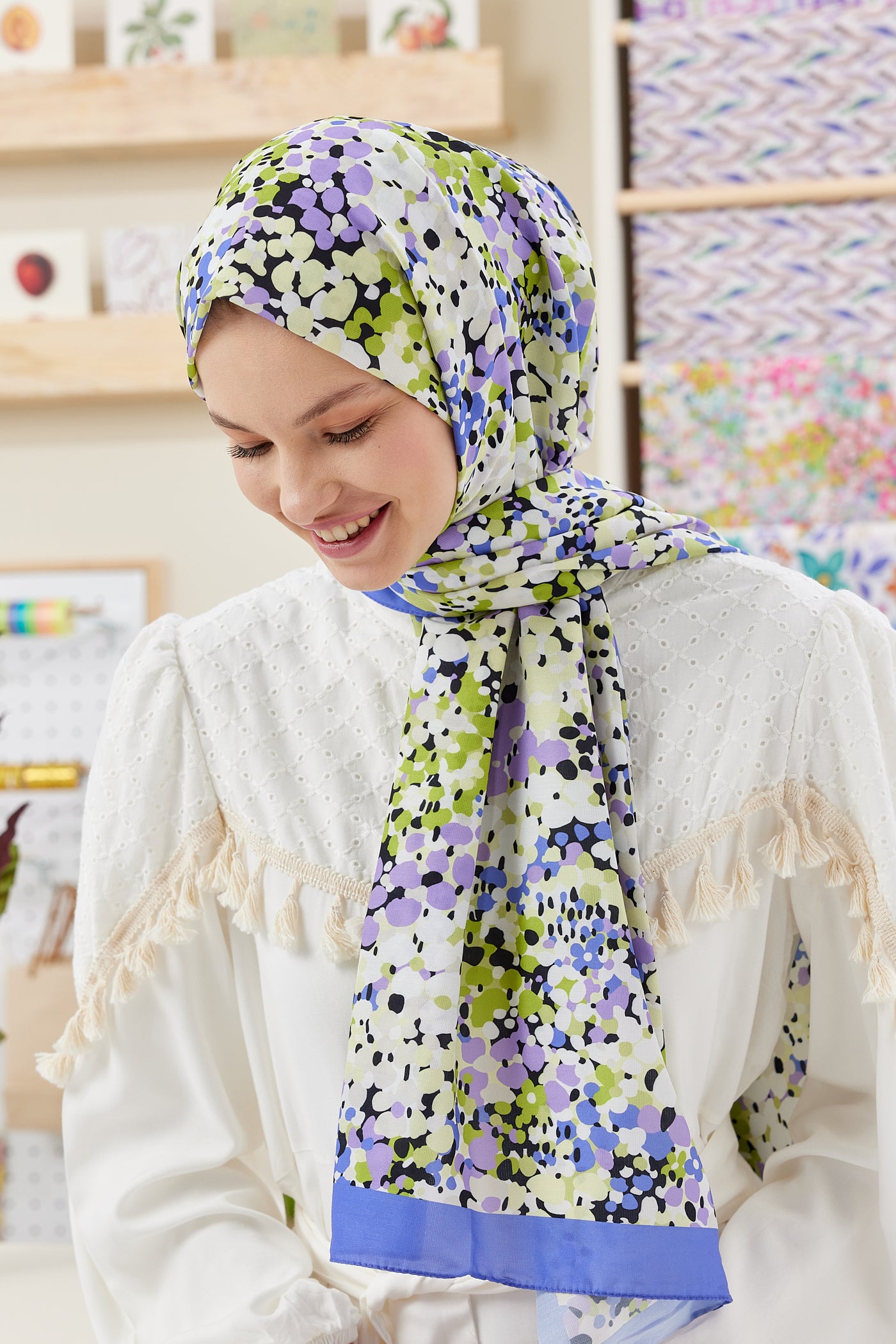 Tesettür Giyim - Pro Line Lavin Desen Şal - Mor - Lila - Emproyal