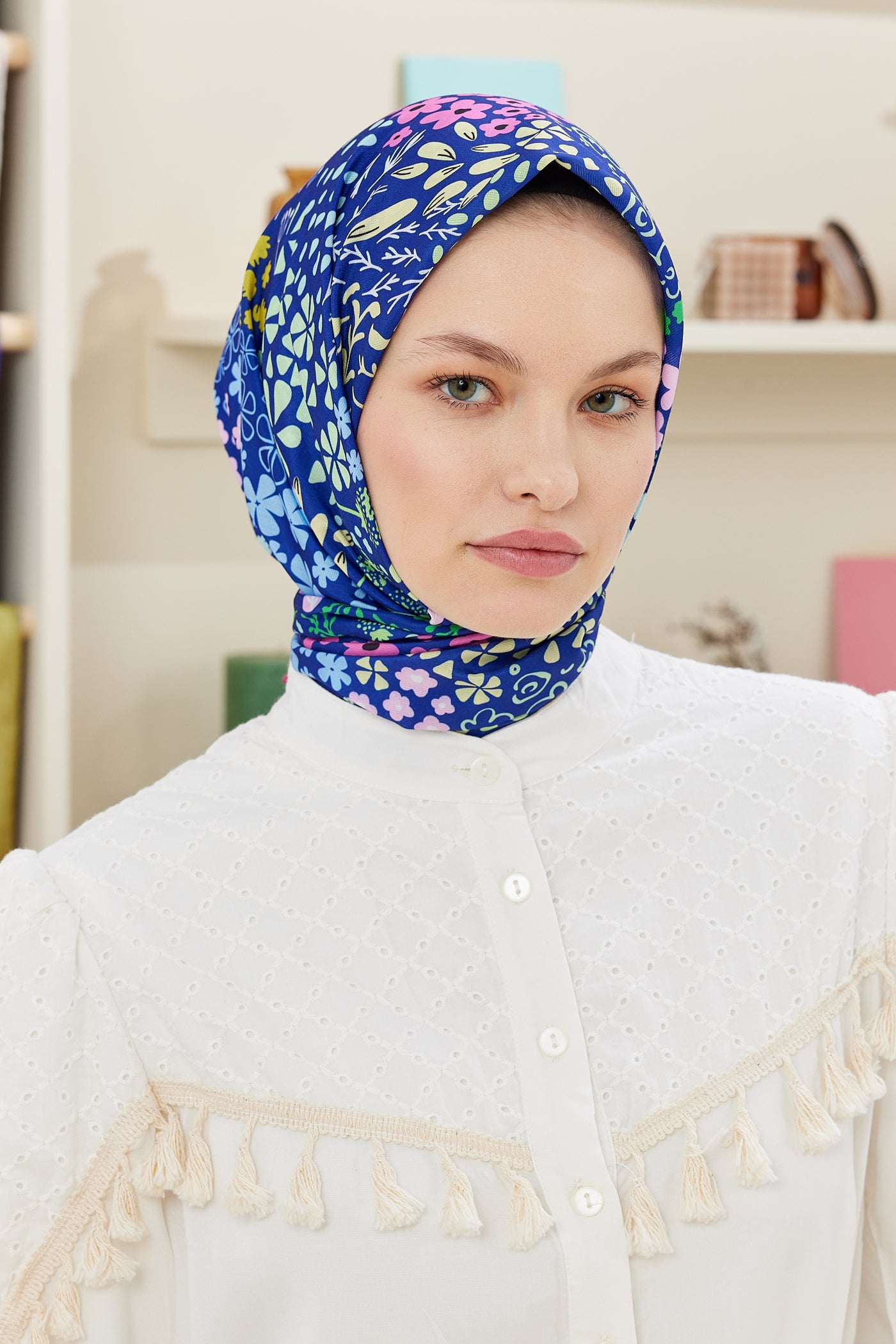 Tesettür Giyim - Pro Line Lina Desen Eşarp - Saks - Emproyal