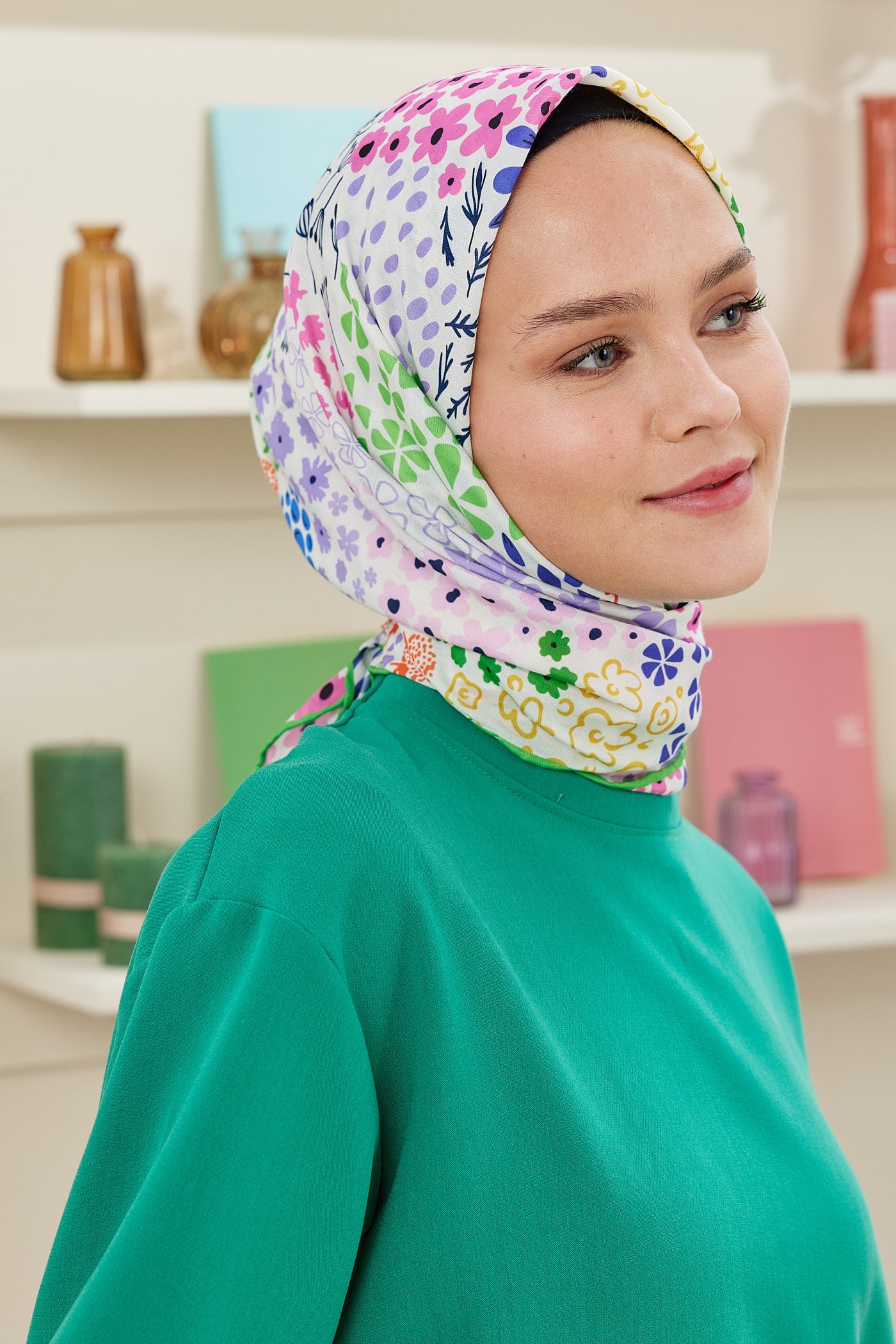 Tesettür Giyim - Pro Line Lina Desen Eşarp - Fıstık Yeşili - Emproyal