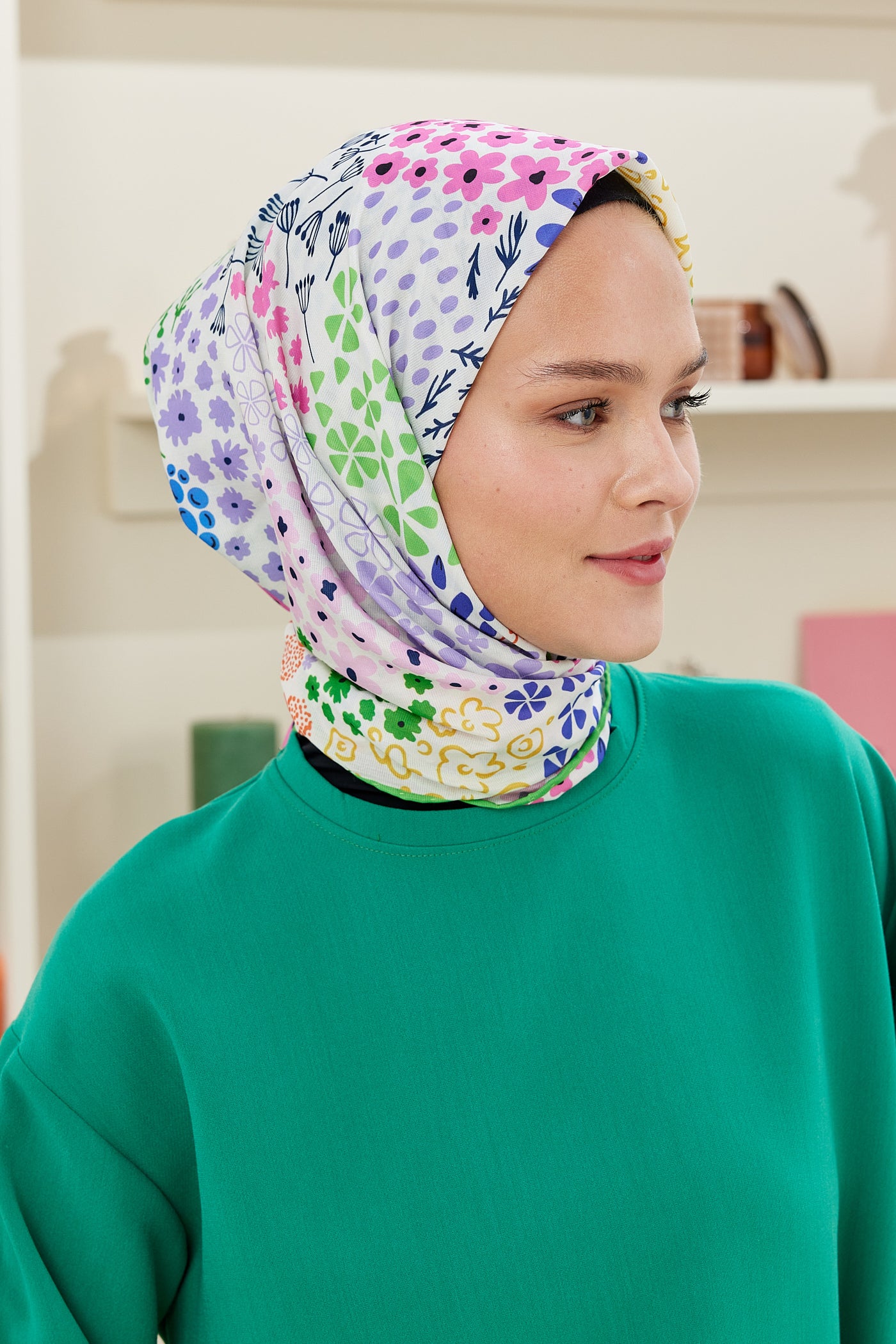 Tesettür Giyim - Pro Line Lina Desen Eşarp - Fıstık Yeşili - Emproyal