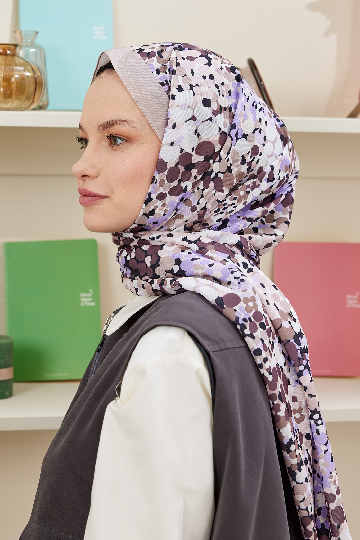 Tesettür Giyim - Pro Line Lavin Desen Şal - Vizon - Kahverengi - Emproyal