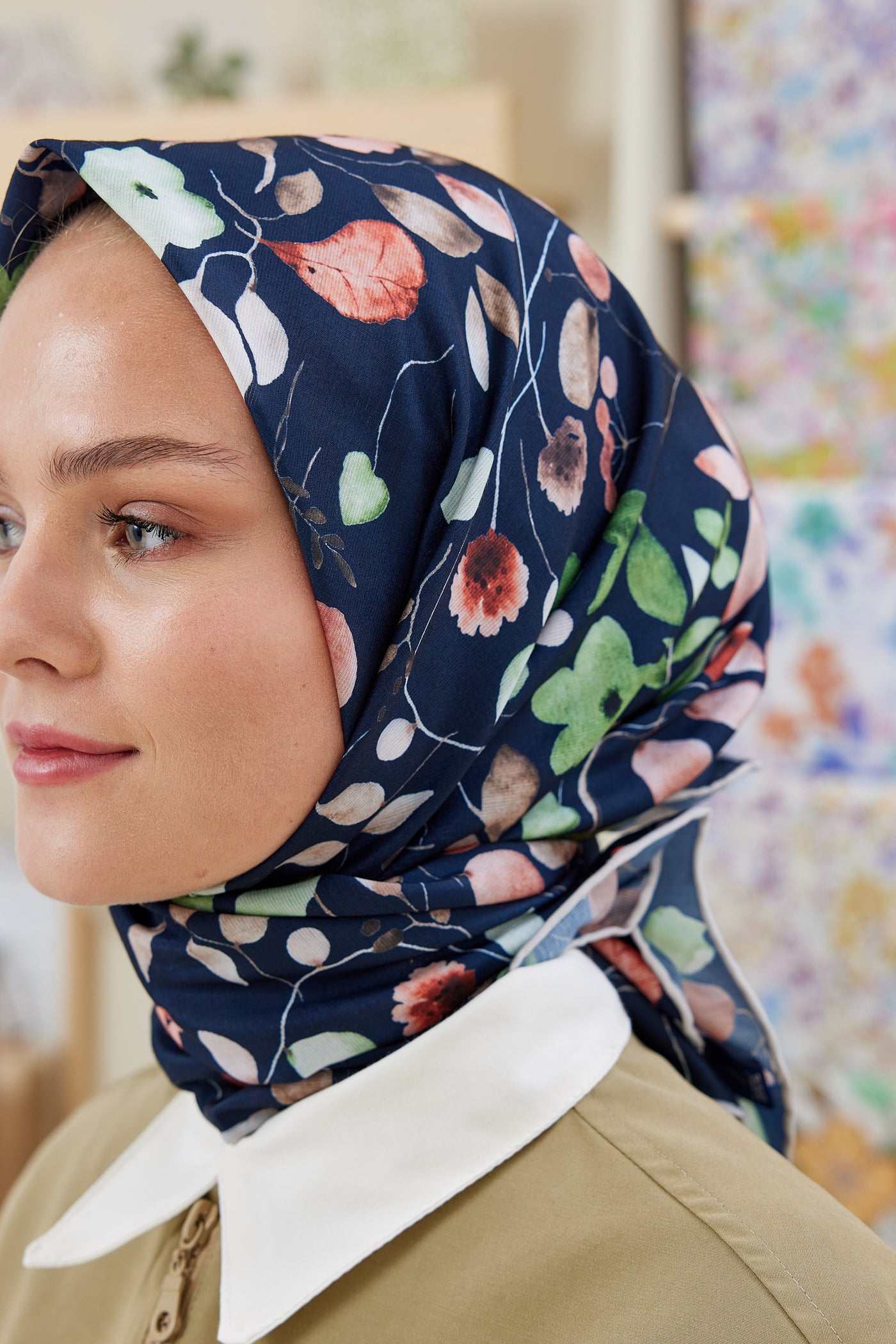 Tesettür Giyim - Pro Line Mimosa Desen Eşarp - Lacivert - Bej - Emproyal