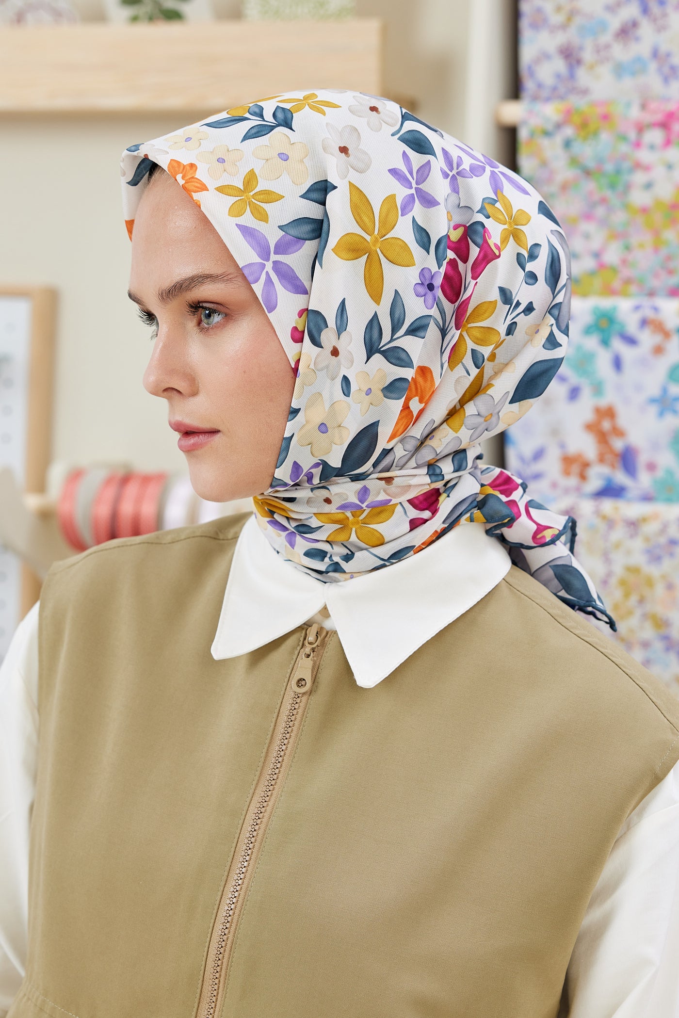 Tesettür Giyim - Pro Line Florie Desen Eşarp - Beyaz - Füme - Emproyal