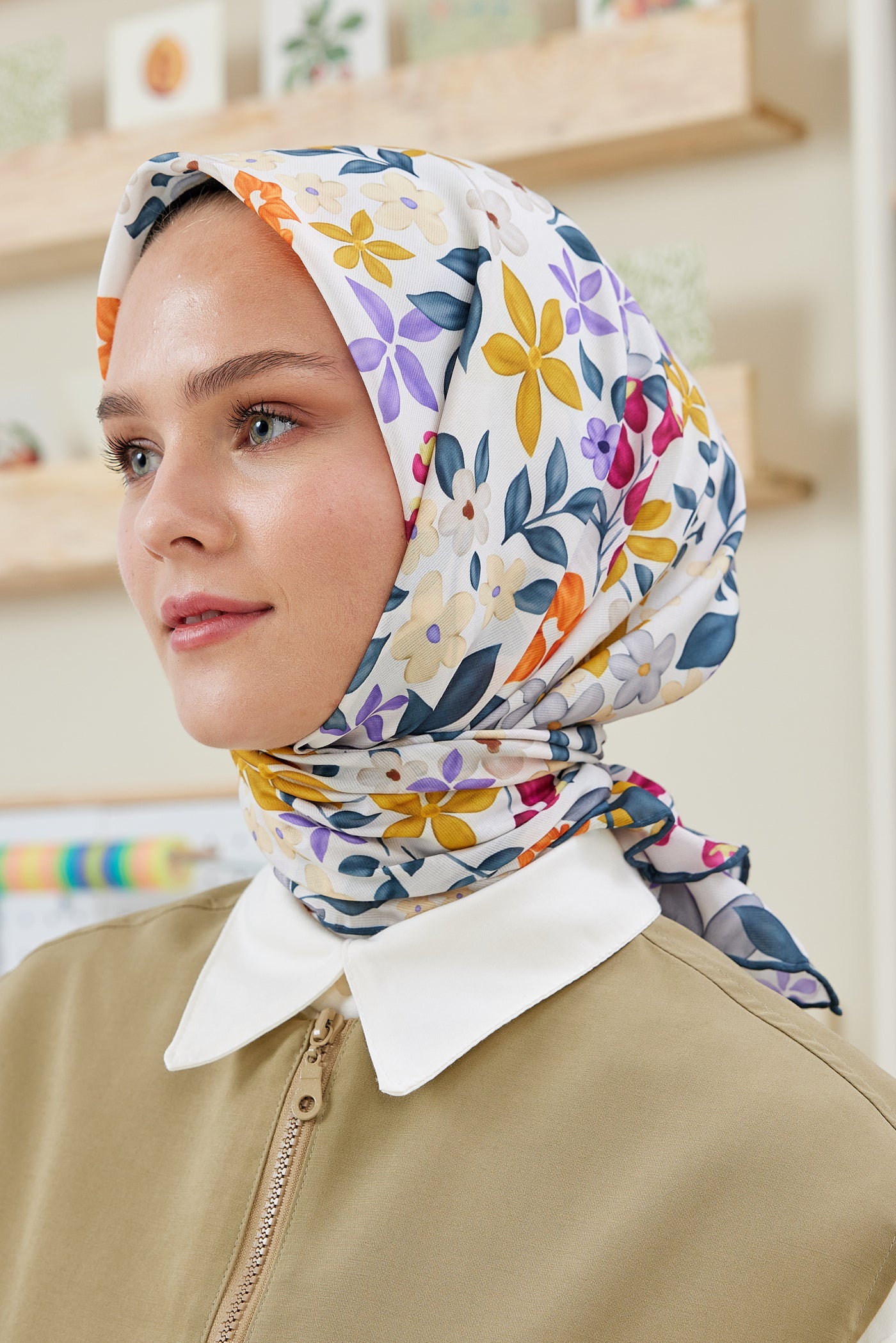 Tesettür Giyim - Pro Line Florie Desen Eşarp - Beyaz - Füme - Emproyal