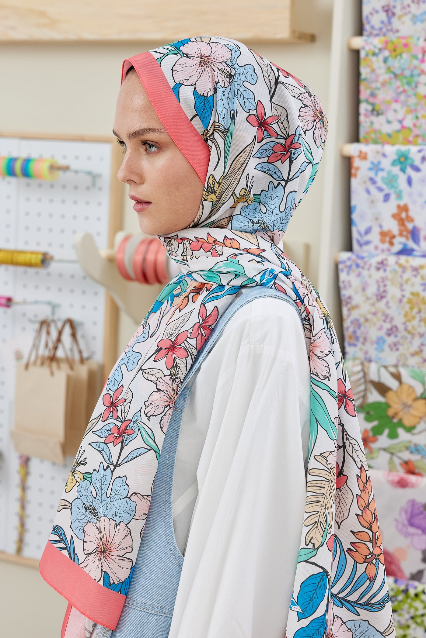 Tesettür Giyim - Pro Line Viola Desen Şal - Kırmızı - Emproyal