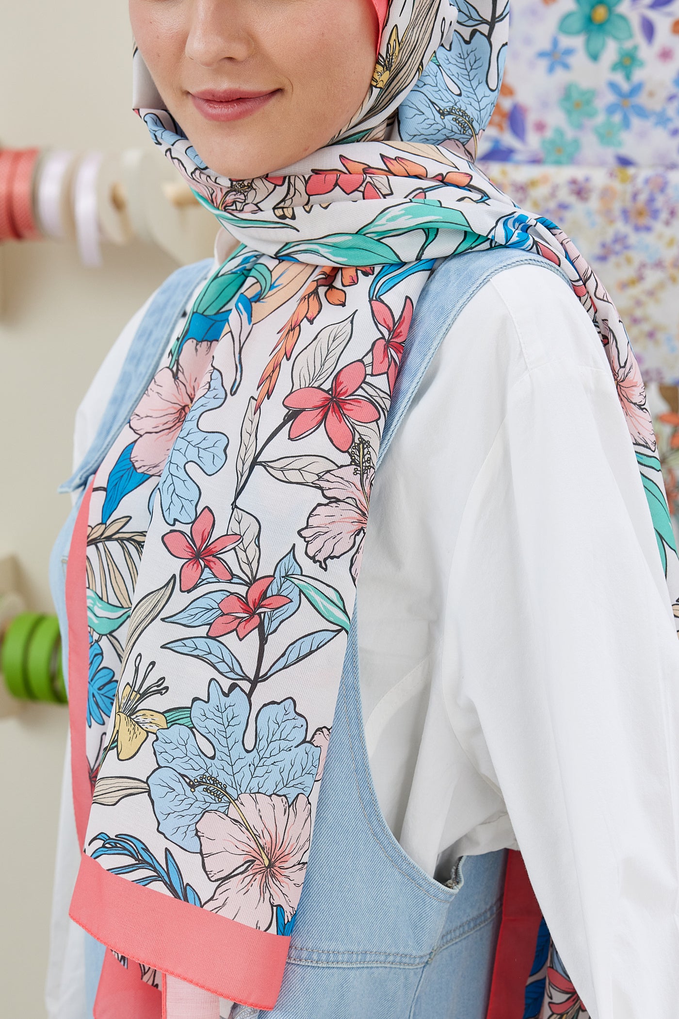 Tesettür Giyim - Pro Line Viola Desen Şal - Kırmızı - Emproyal