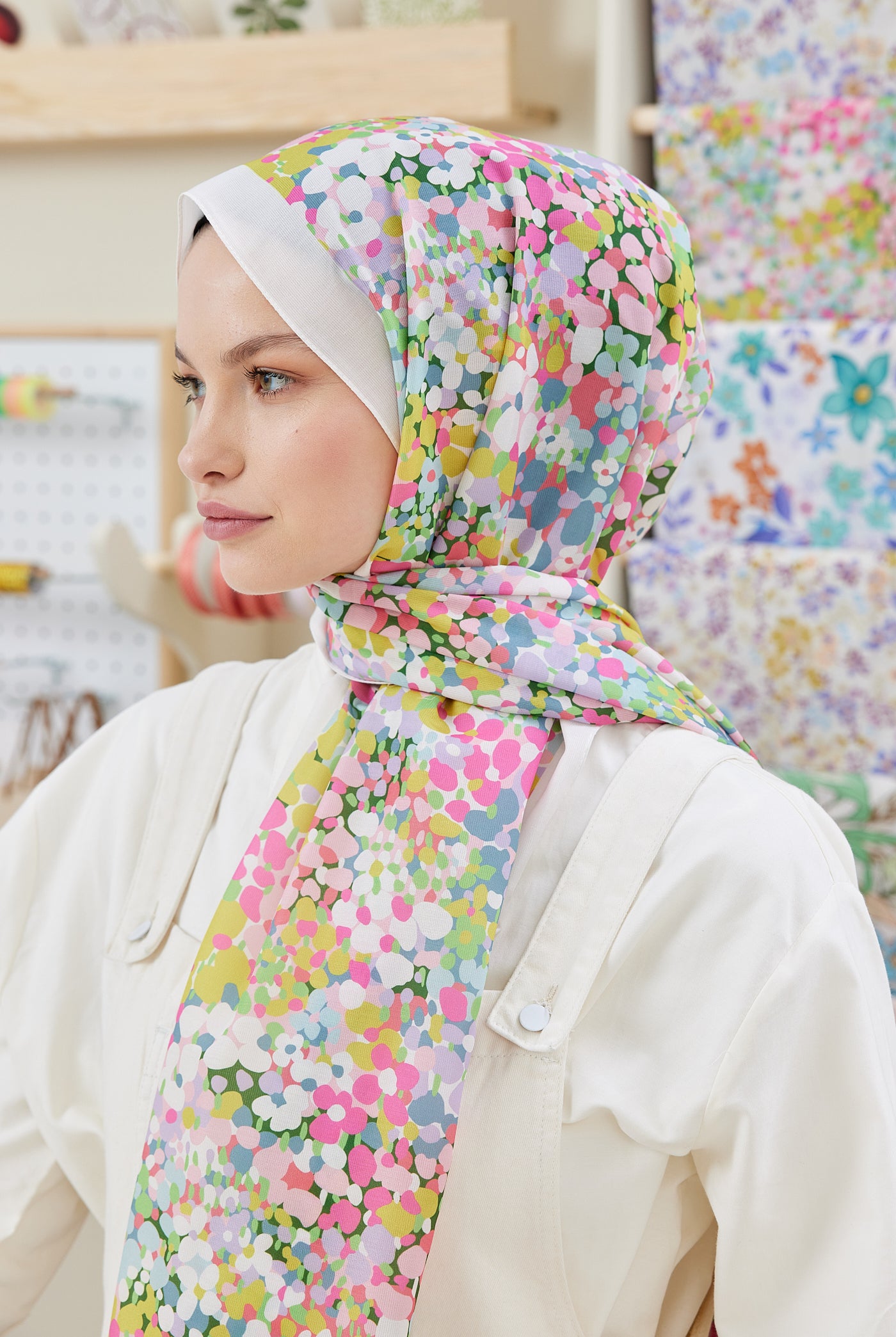 Tesettür Giyim - Pro Line Lavin Desen Şal - Krem - Şeker Pembe - Emproyal