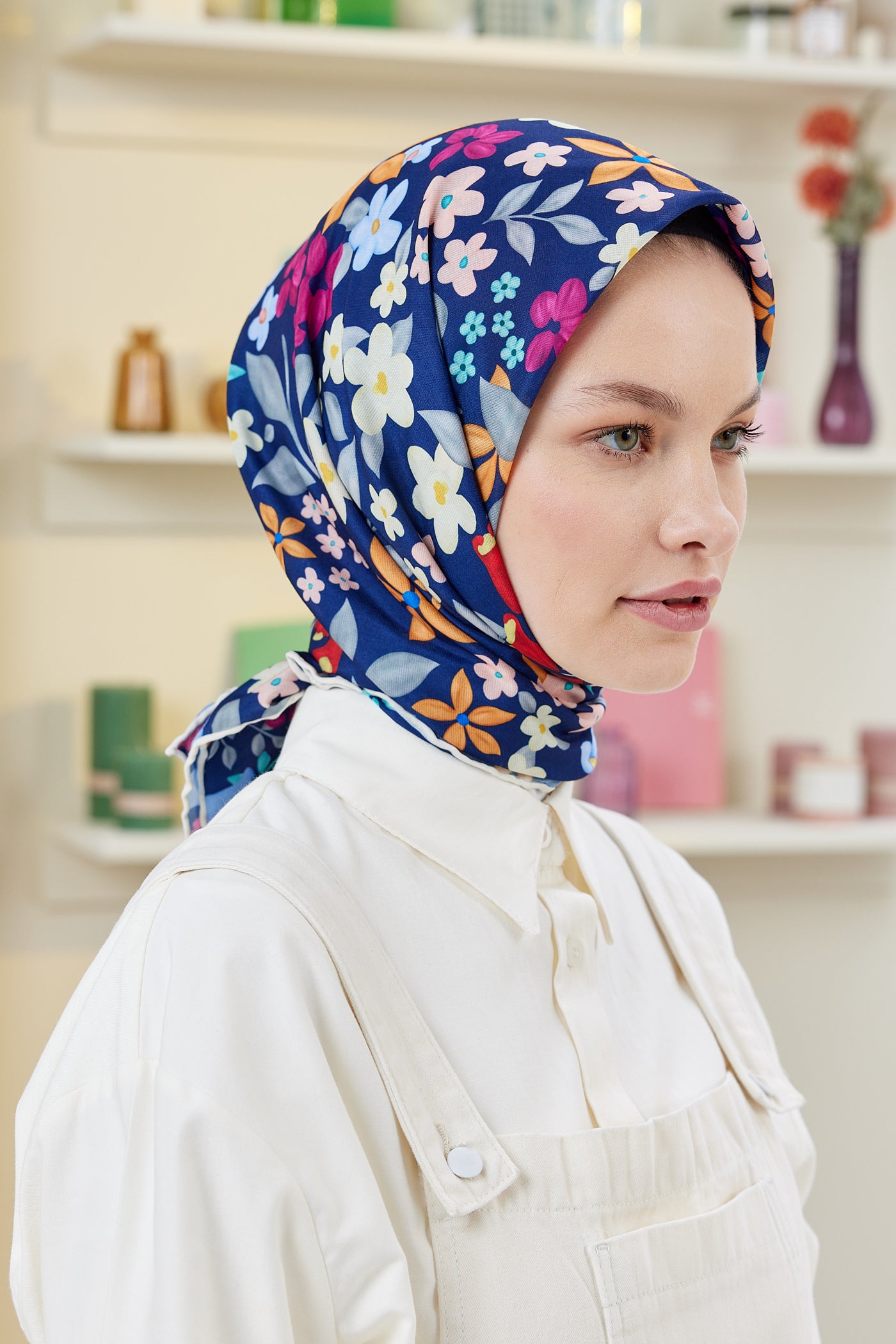 Tesettür Giyim - Pro Line Florie Desen Eşarp - Lacivert - Krem - Emproyal