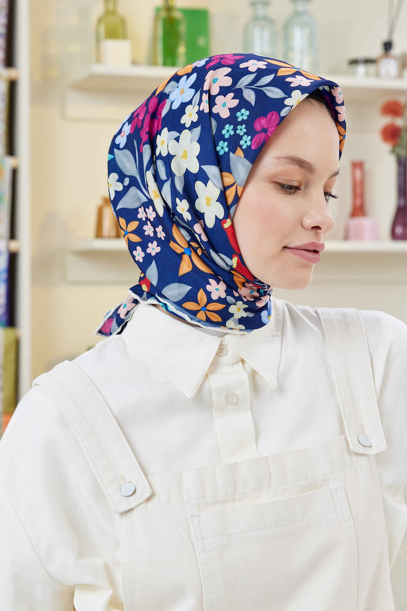 Tesettür Giyim - Pro Line Florie Desen Eşarp - Lacivert - Krem - Emproyal