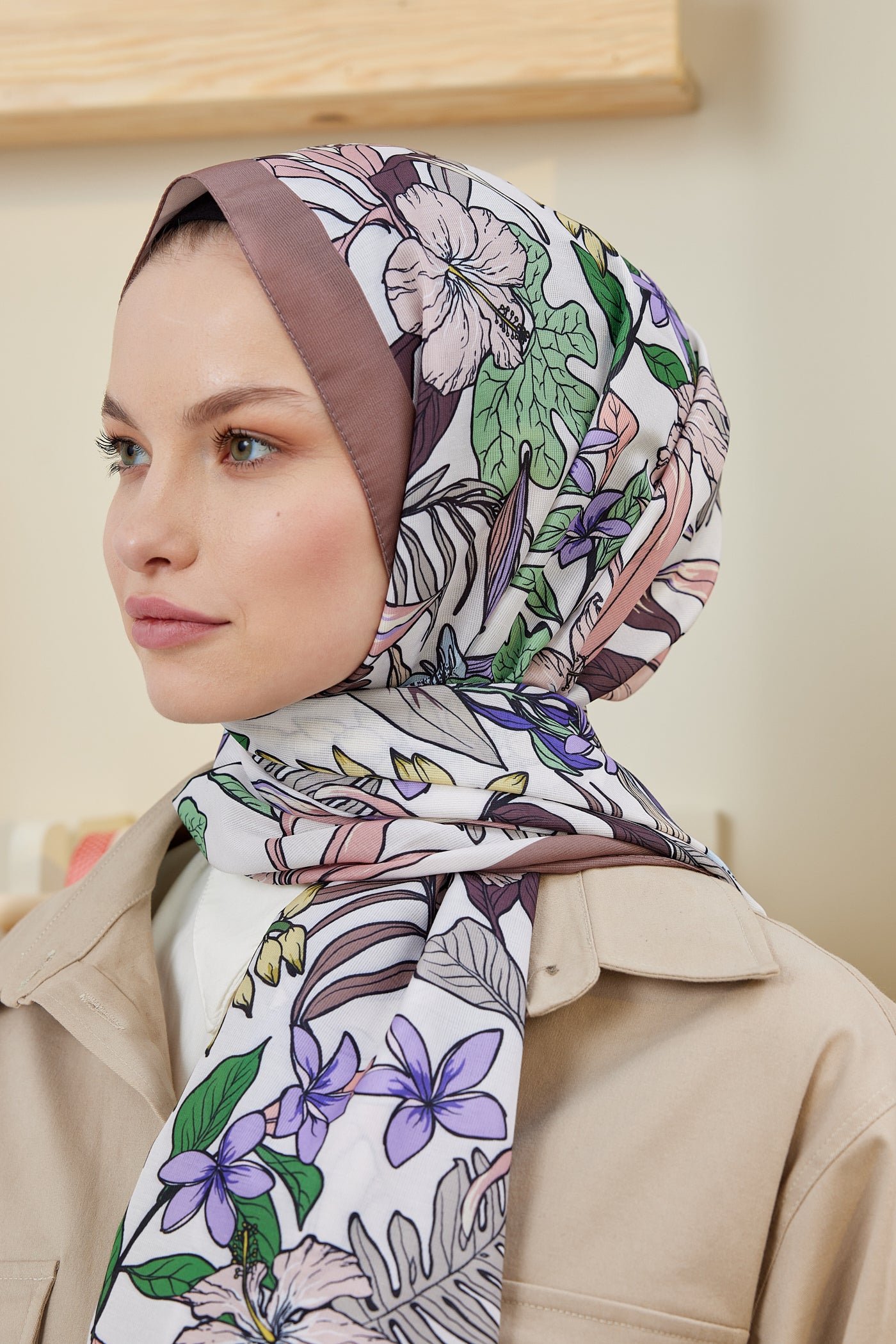 Tesettür Giyim - Pro Line Viola Desen Şal - Koyu Vizon - Emproyal