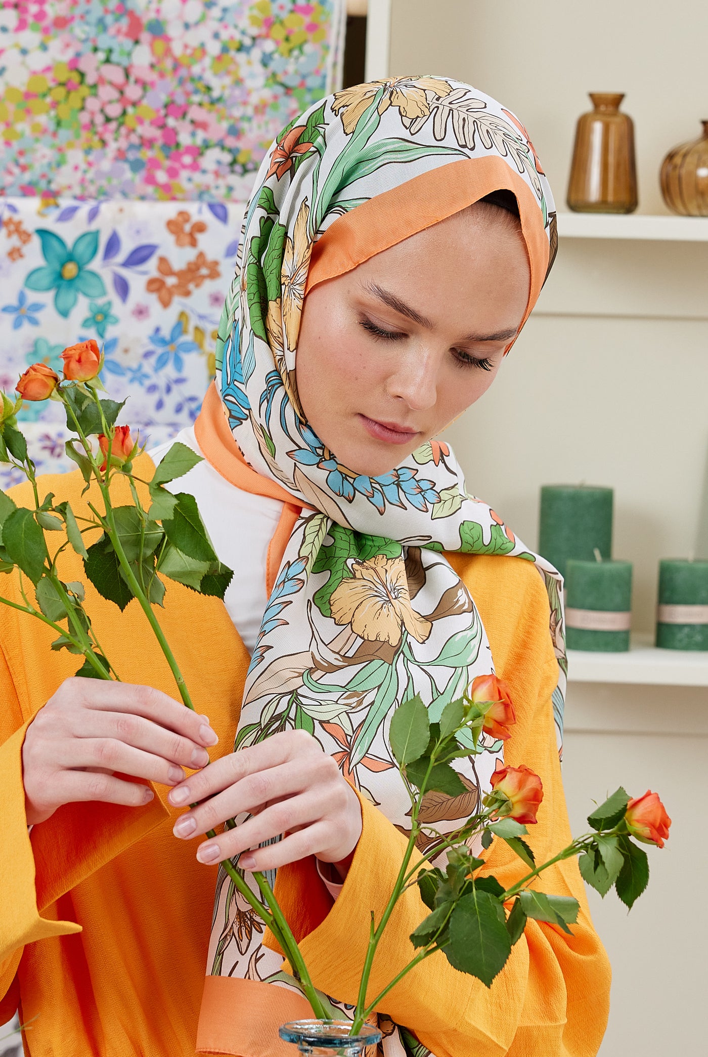 Tesettür Giyim - Pro Line Viola Desen Şal - Turuncu - Emproyal