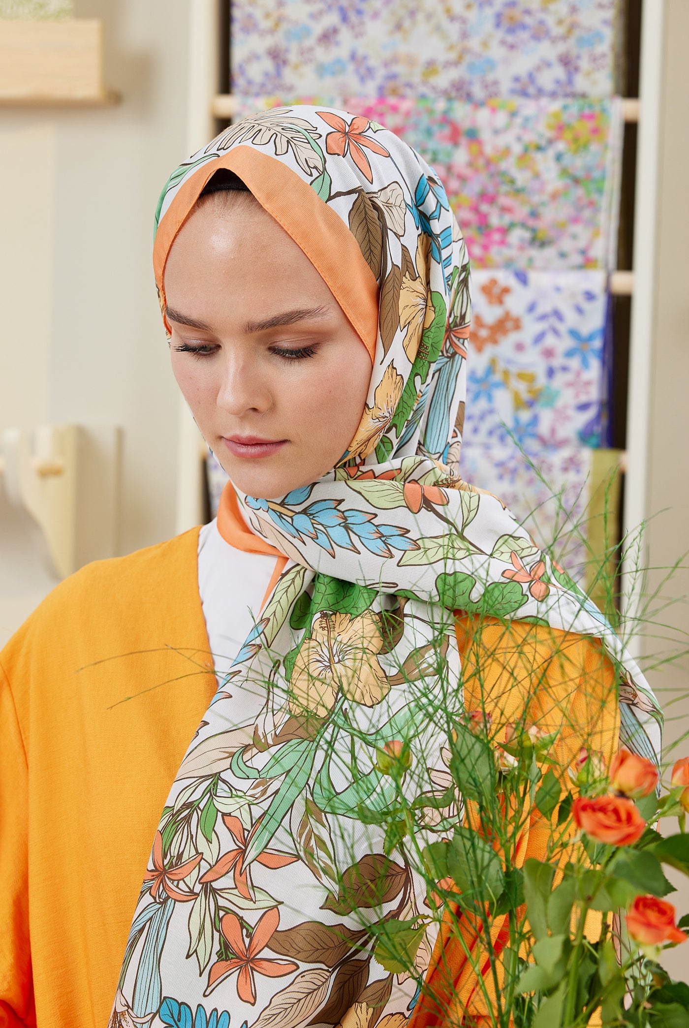 Tesettür Giyim - Pro Line Viola Desen Şal - Turuncu - Emproyal