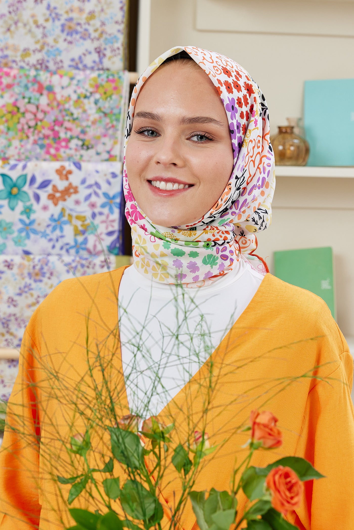 Tesettür Giyim - Pro Line Lina Desen Eşarp - Orange - Emproyal