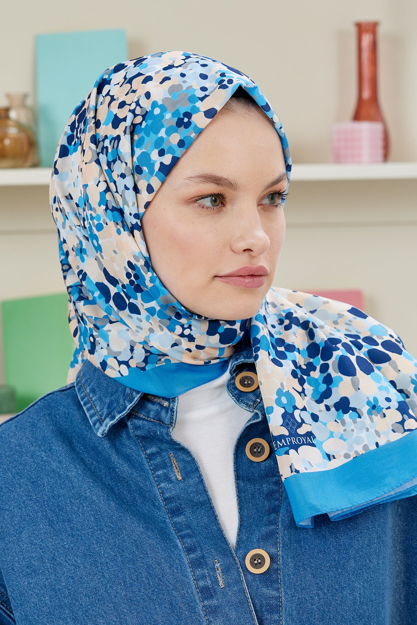 Tesettür Giyim - Pro Line Lavin Desen Şal - Gök Mavisi - Emproyal