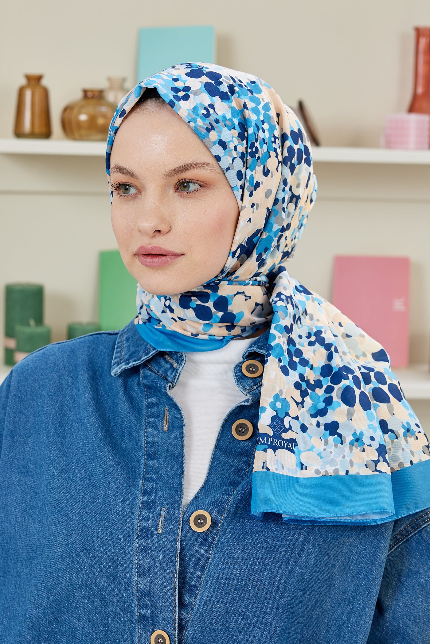 Tesettür Giyim - Pro Line Lavin Desen Şal - Gök Mavisi - Emproyal