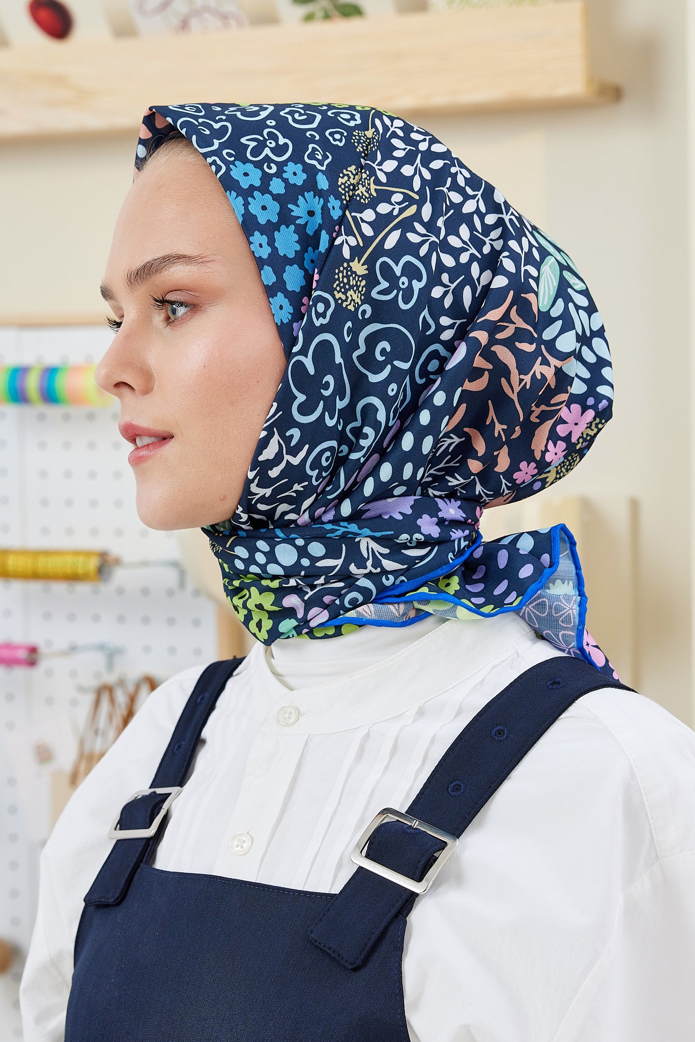 Tesettür Giyim - Pro Line Lina Desen Eşarp - Lacivert - Emproyal