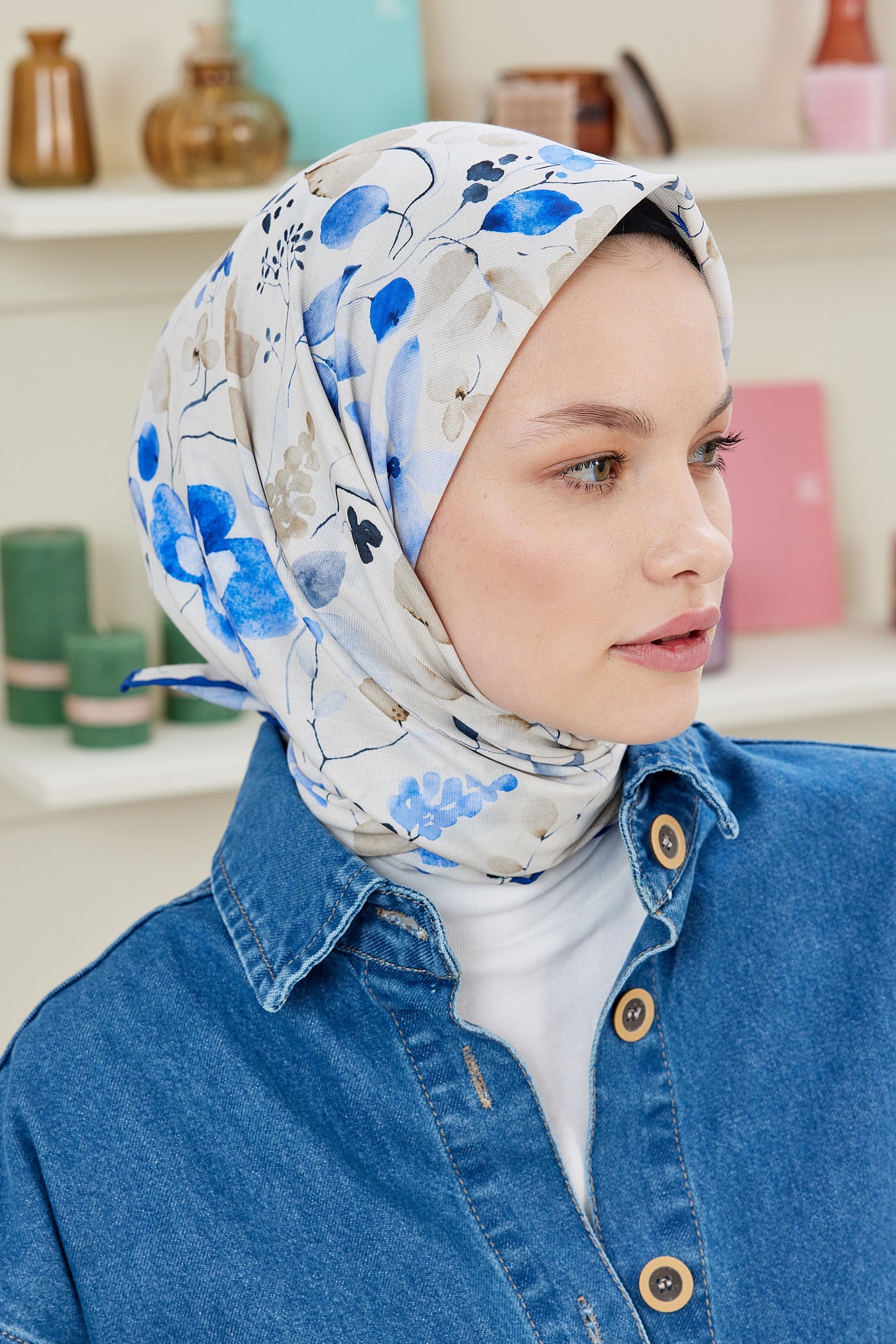 Tesettür Giyim - Pro Line Mimosa Desen Eşarp - Bej - Mavi - Emproyal