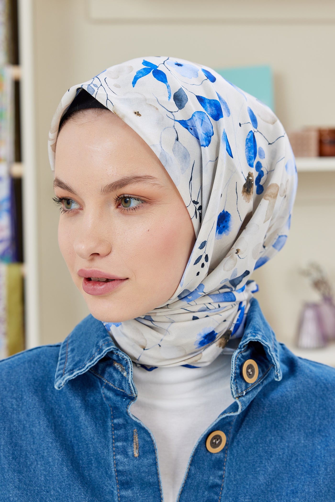 Tesettür Giyim - Pro Line Mimosa Desen Eşarp - Bej - Mavi - Emproyal