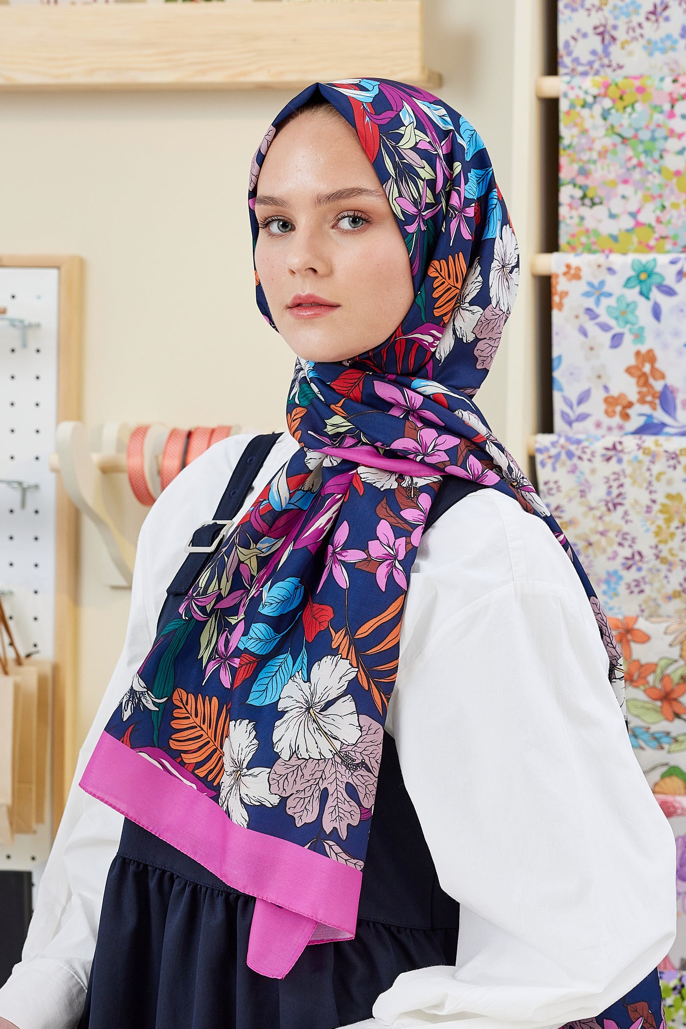 Tesettür Giyim - Pro Line Viola Desen Şal - Fuşya - Emproyal