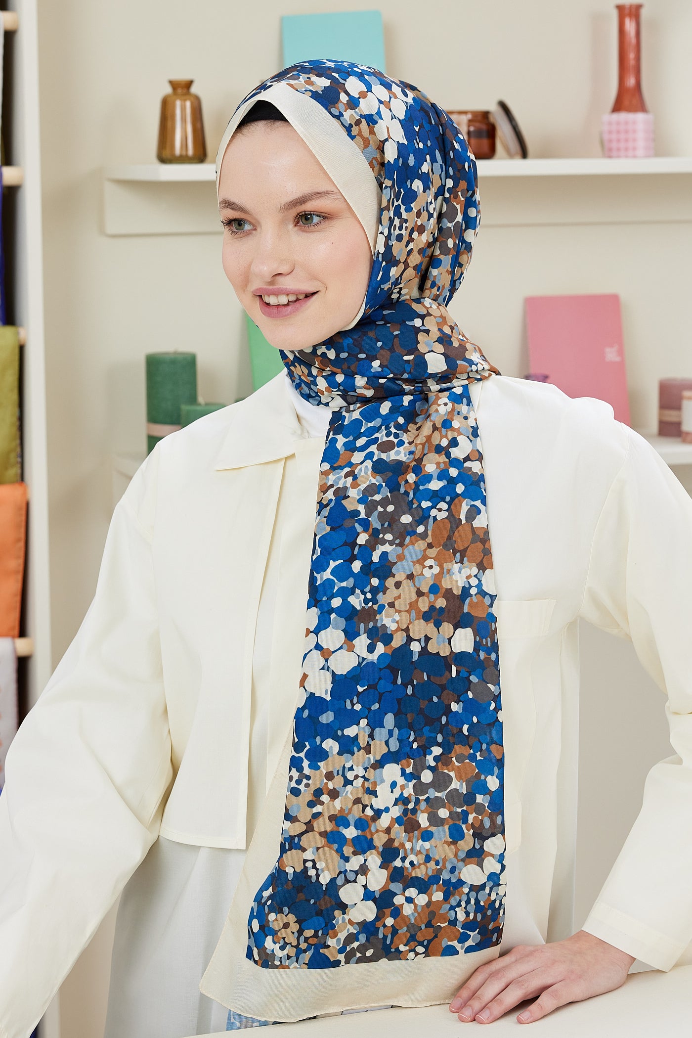 Tesettür Giyim - Pro Line Lavin Desen Şal - Lacivert - Ekru - Emproyal