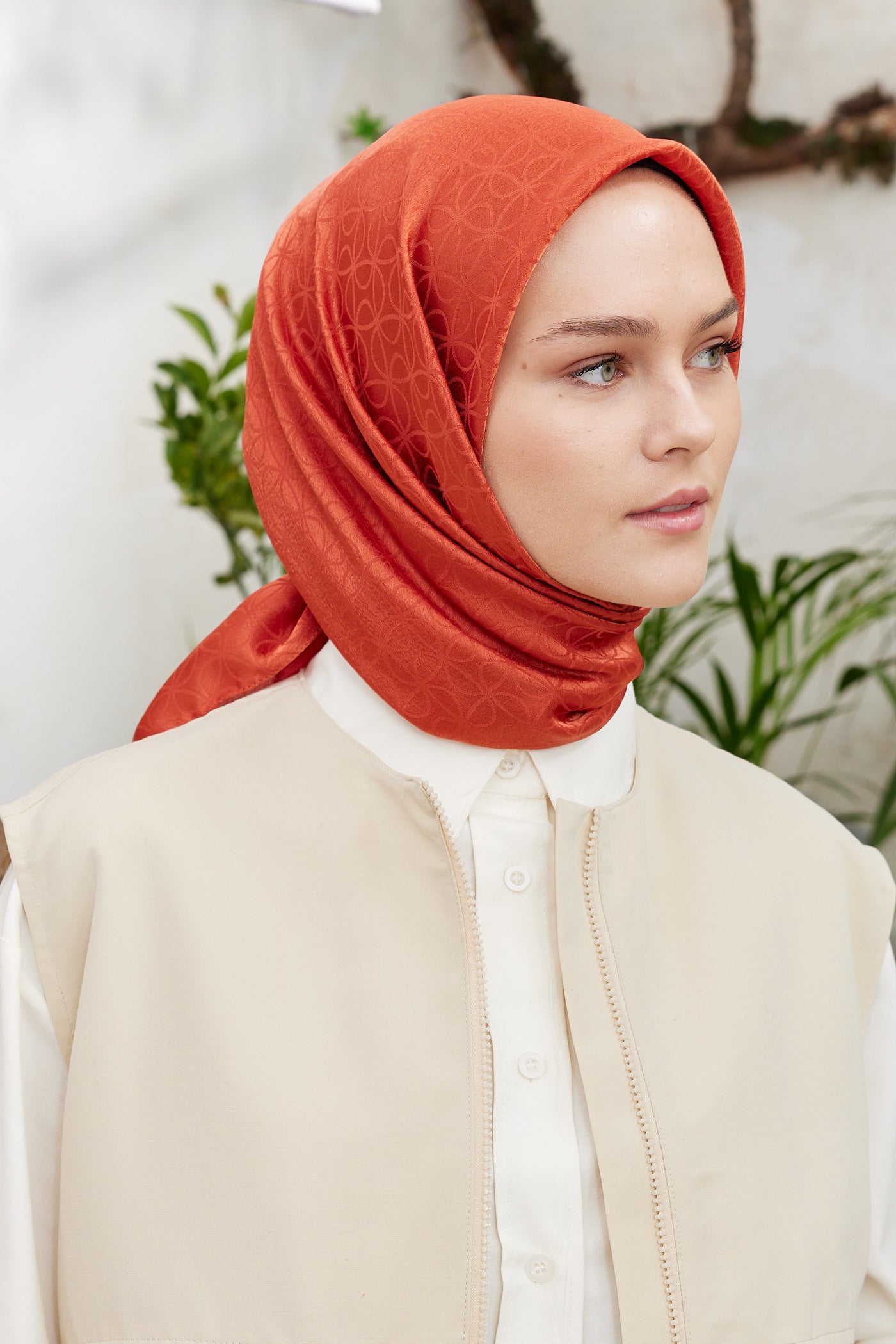 Tesettür Giyim - Jakar Janjan Elips Desen Eşarp - Turuncu - Emproyal