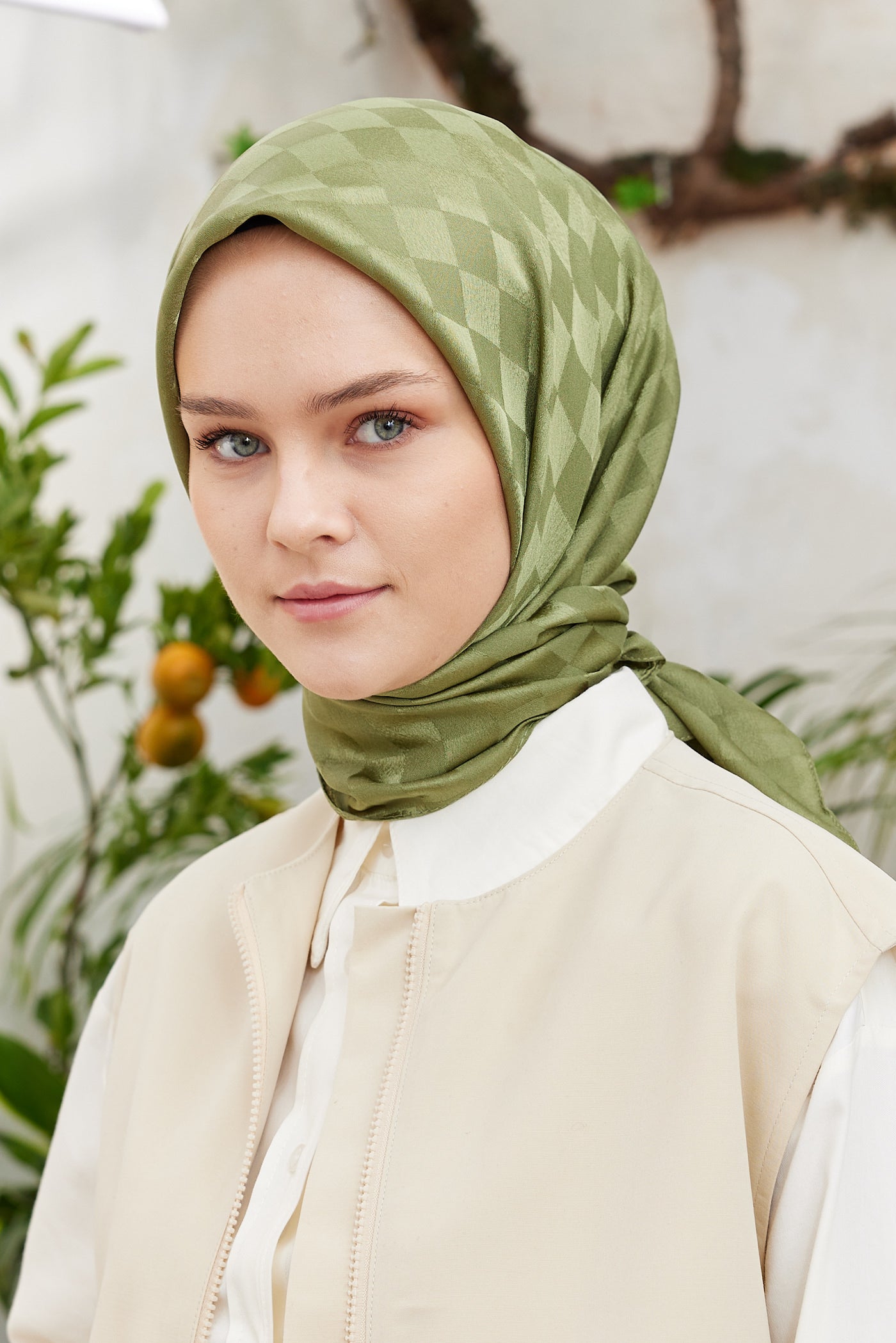 Tesettür Giyim - Jakar Janjan Dama Desen Eşarp - Haki - Emproyal