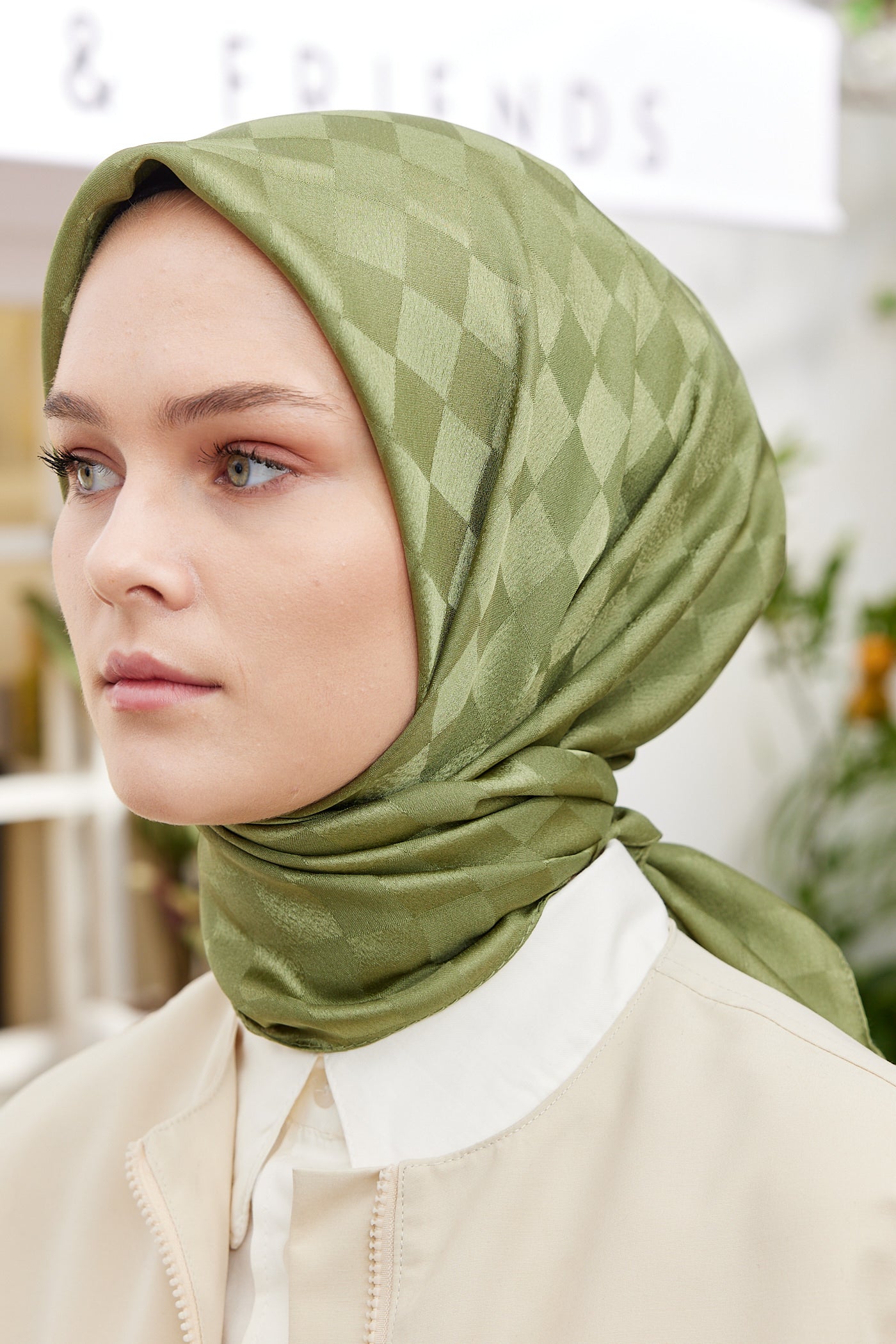 Tesettür Giyim - Jakar Janjan Dama Desen Eşarp - Haki - Emproyal