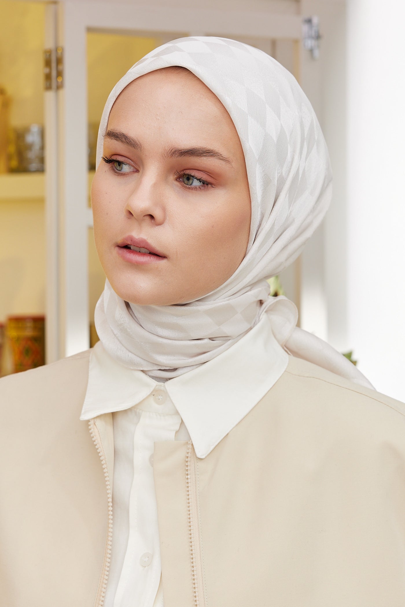 Tesettür Giyim - Jakar Janjan Dama Desen Eşarp - Taş - Emproyal