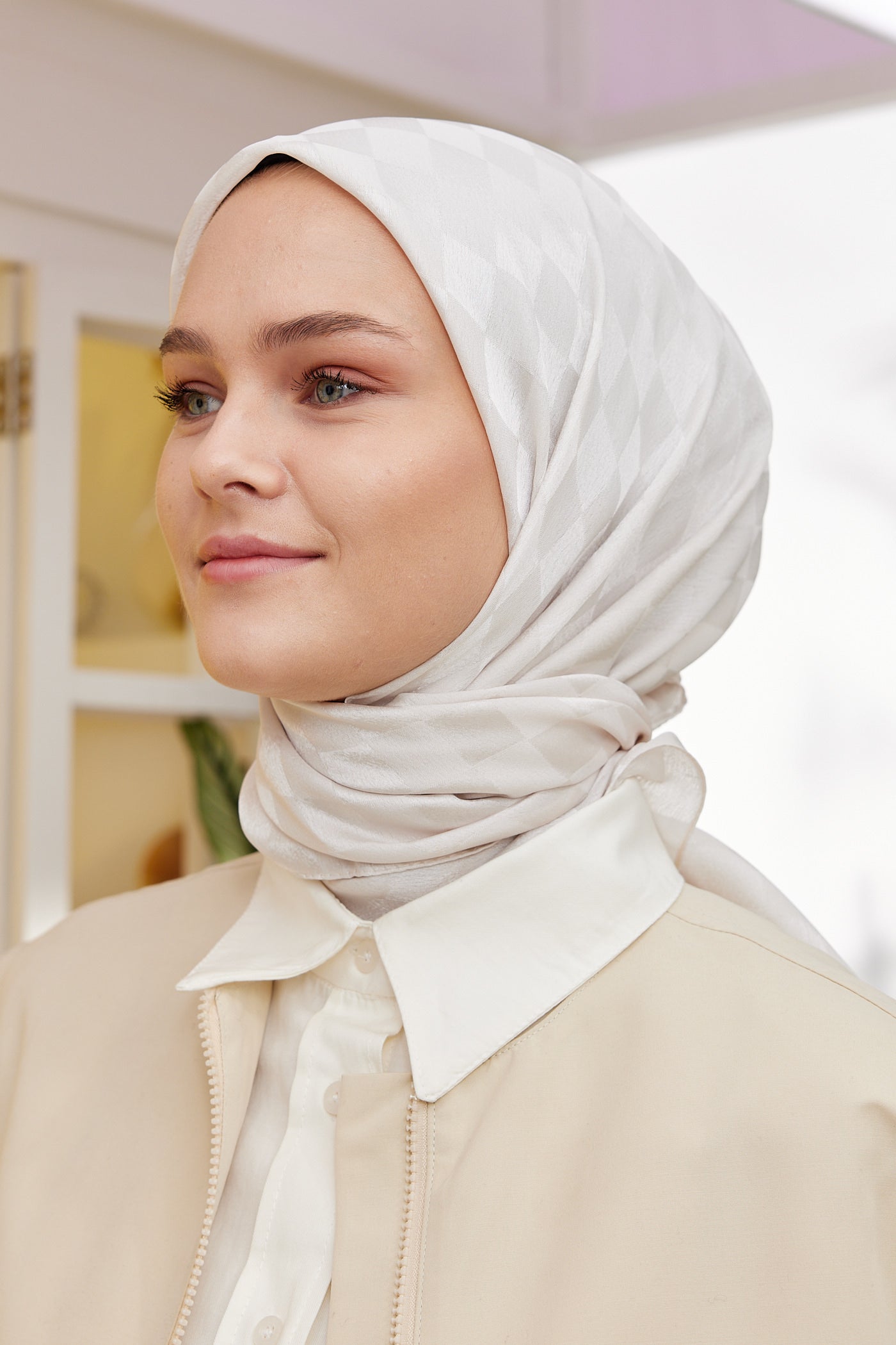 Tesettür Giyim - Jakar Janjan Dama Desen Eşarp - Taş - Emproyal