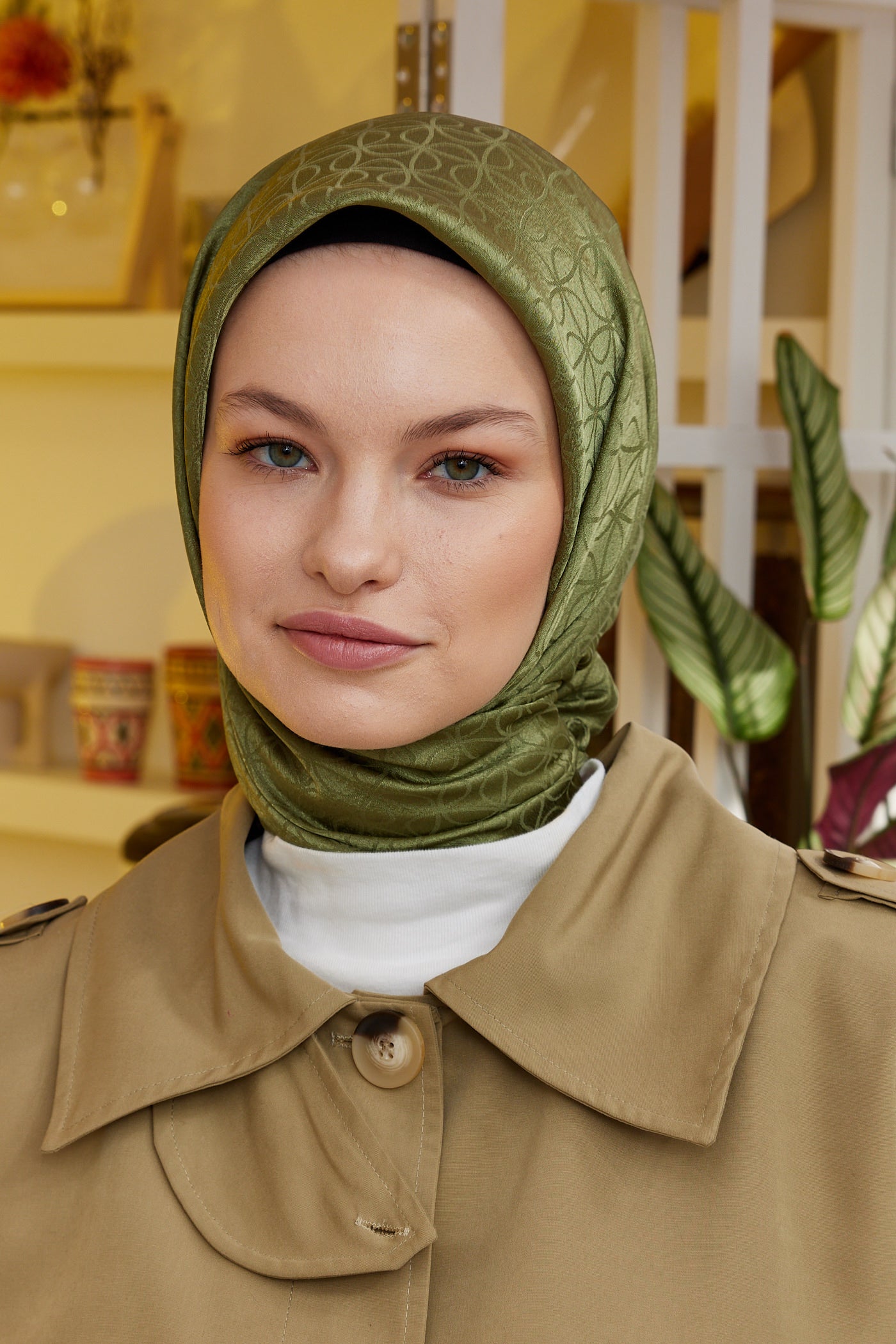 Tesettür Giyim - Jakar Janjan Elips Desen Eşarp - Haki - Emproyal