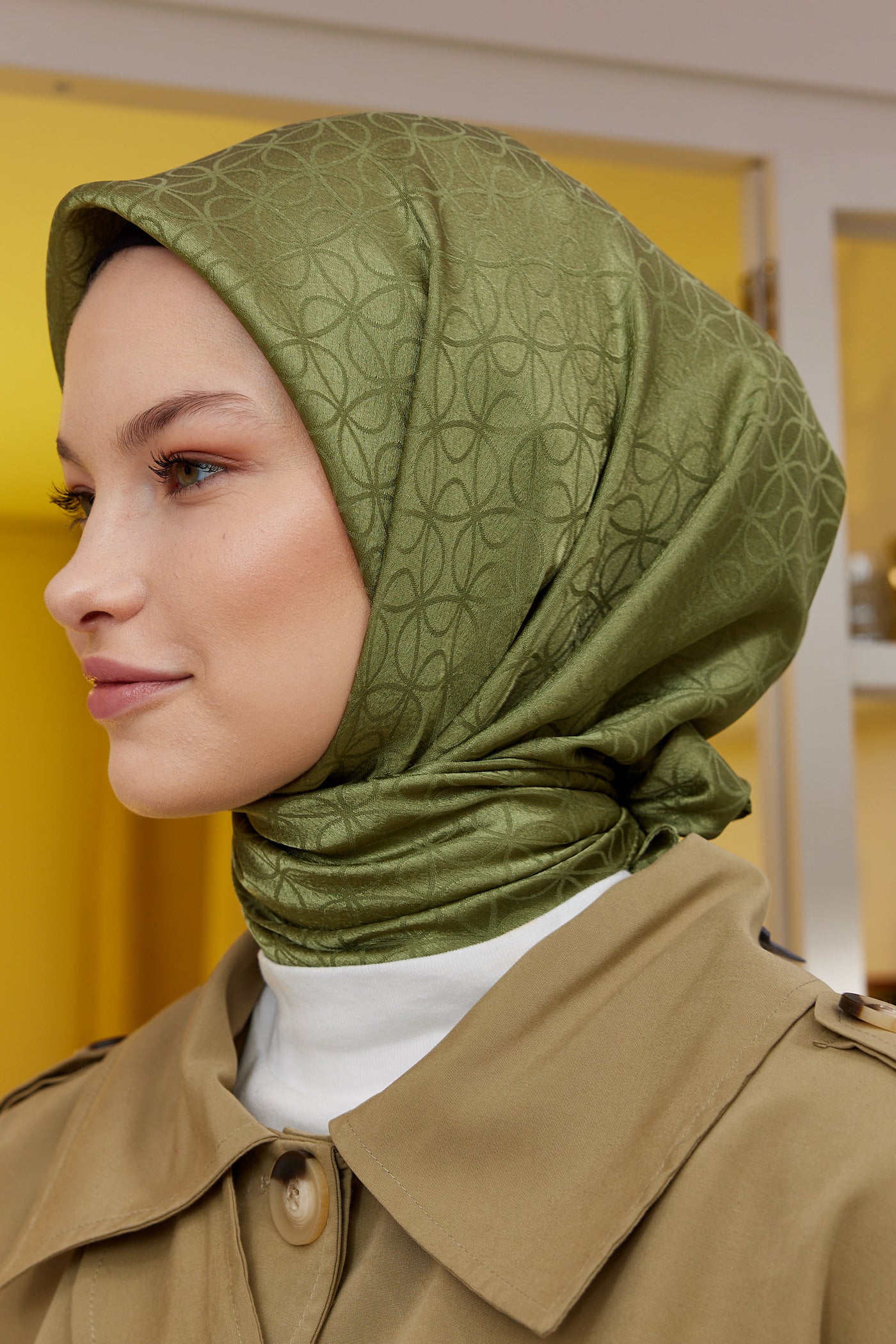 Tesettür Giyim - Jakar Janjan Elips Desen Eşarp - Haki - Emproyal