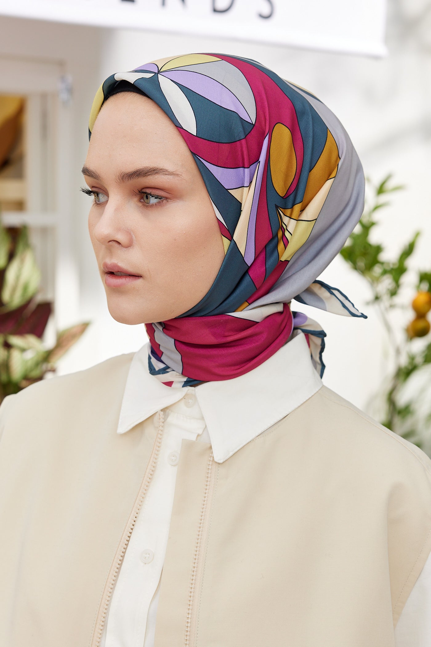 Tesettür Giyim - Pro Line Melinda Desen Eşarp - Gri - Fuşya - Emproyal