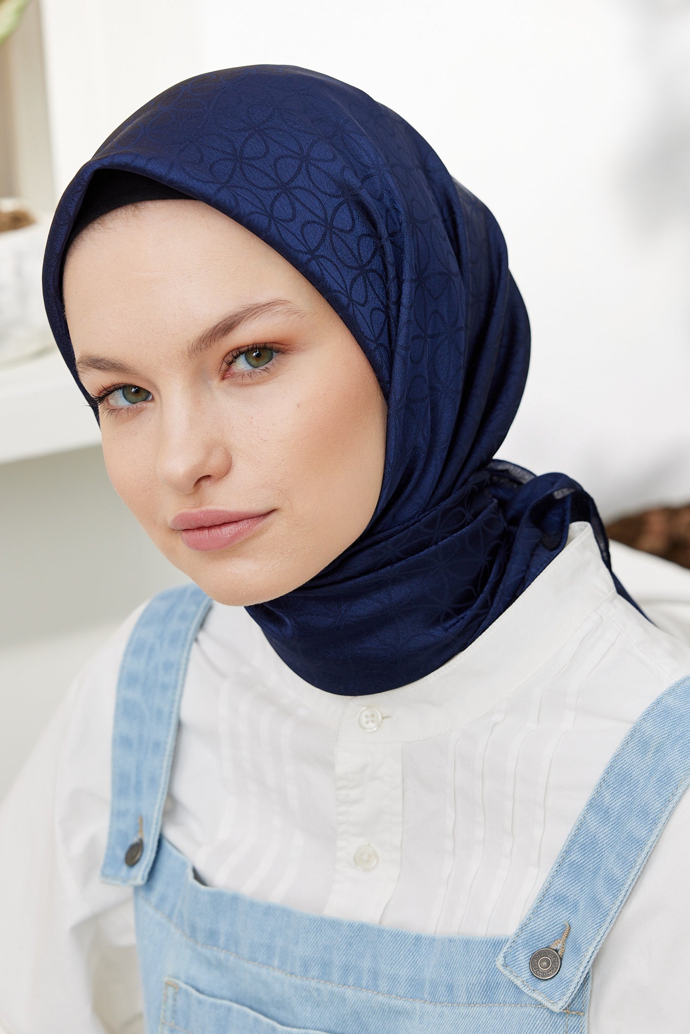 Tesettür Giyim - Jakar Janjan Elips Desen Eşarp - Lacivert - Emproyal