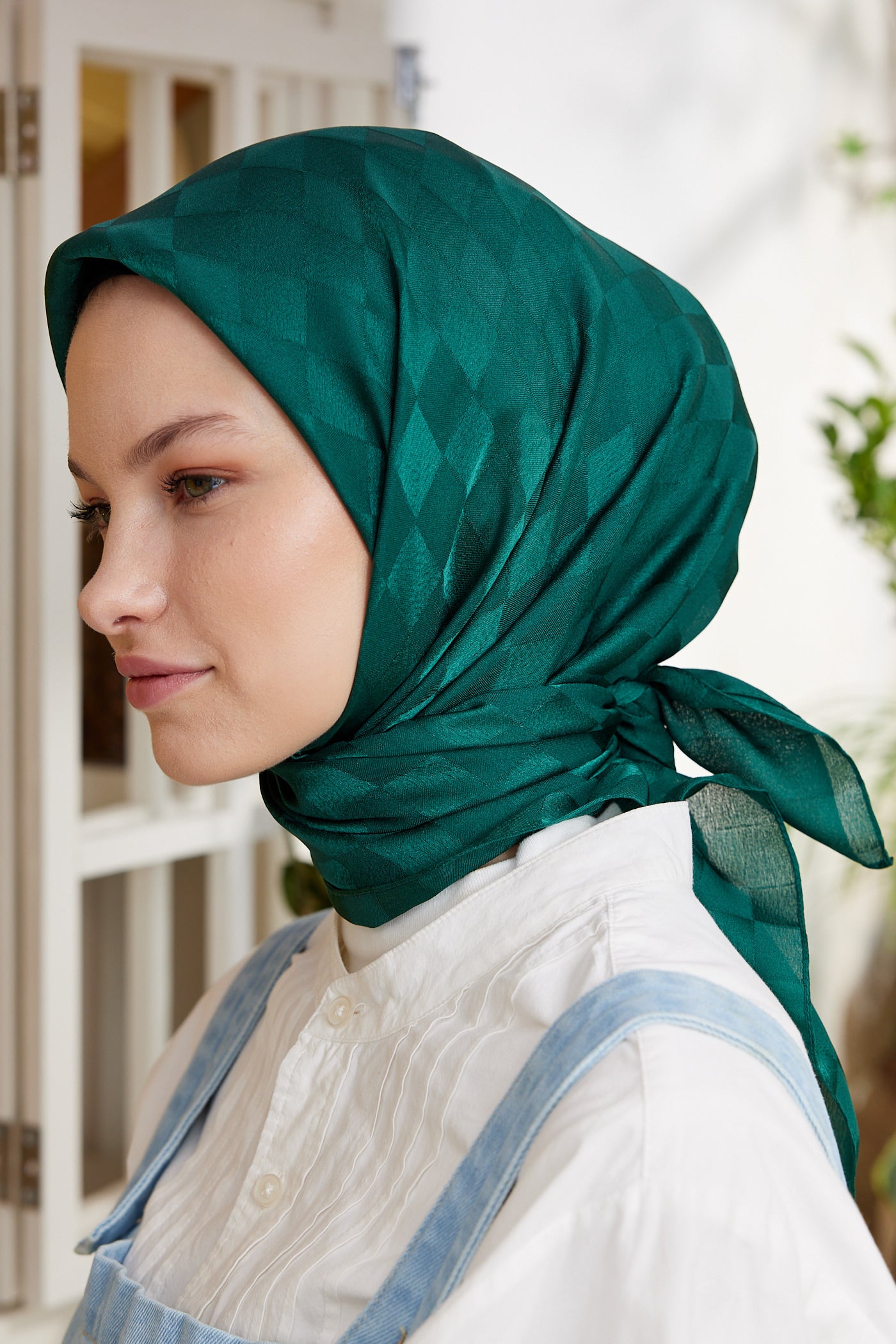 Tesettür Giyim - Jakar Janjan Dama Desen Eşarp - Zümrüt - Emproyal