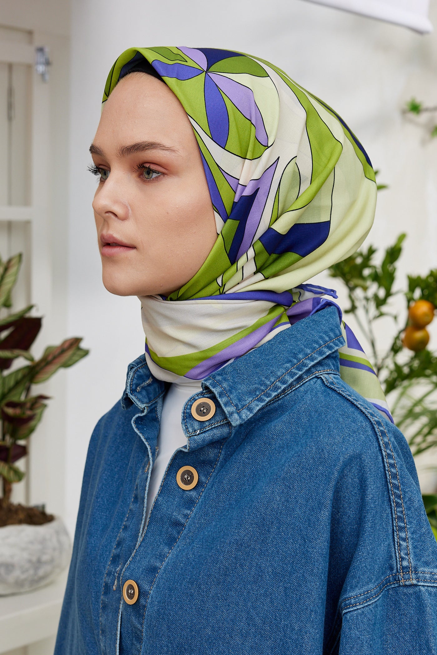 Tesettür Giyim - Pro Line Melinda Desen Eşarp - Yağ Yeşili - Lila - Emproyal