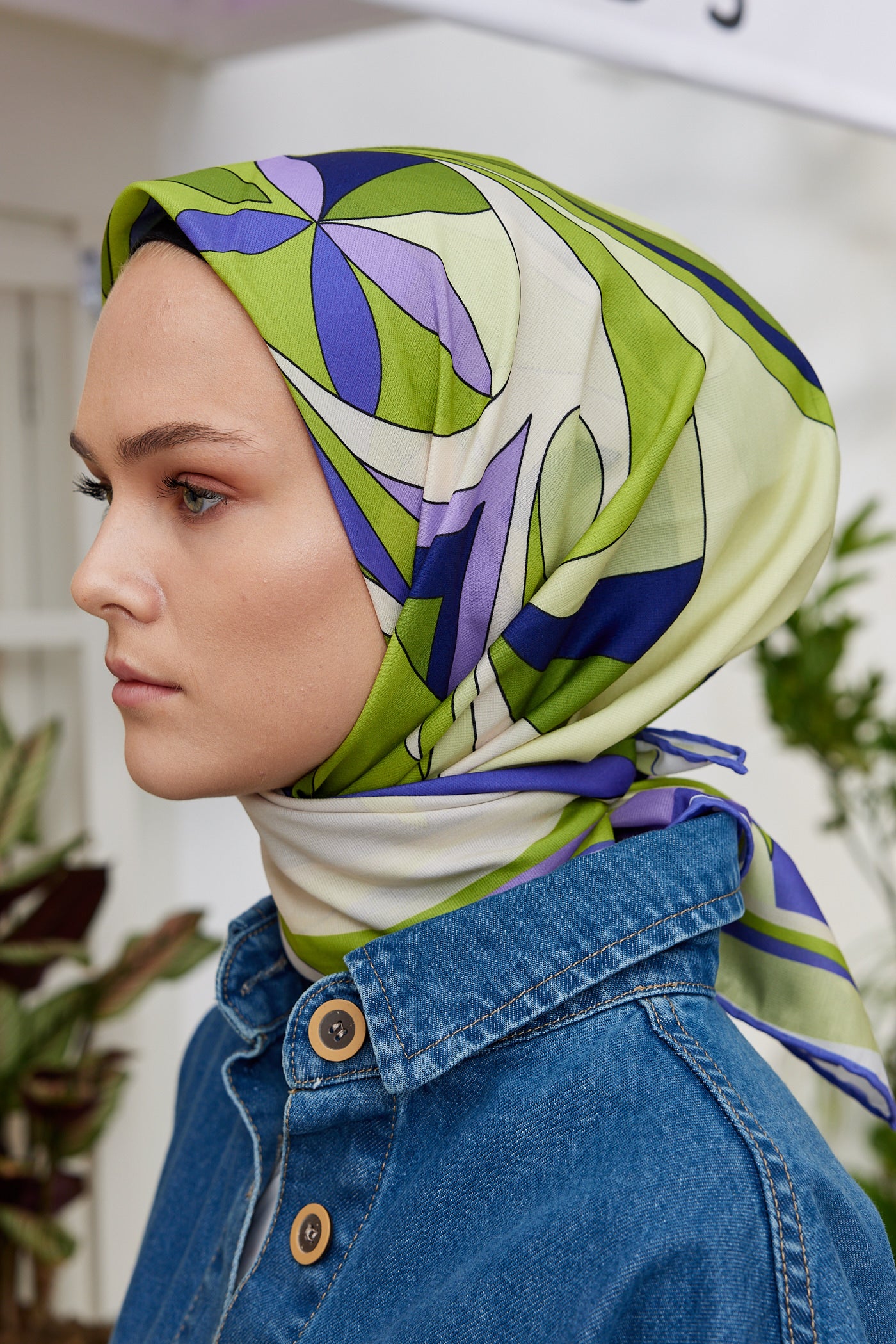 Tesettür Giyim - Pro Line Melinda Desen Eşarp - Yağ Yeşili - Lila - Emproyal