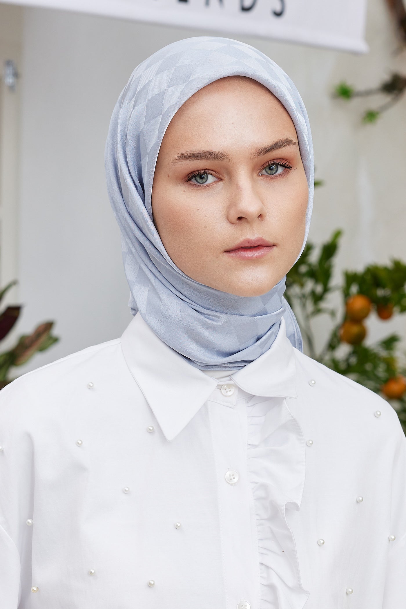 Tesettür Giyim - Jakar Janjan Dama Desen Eşarp - Gümüş - Emproyal