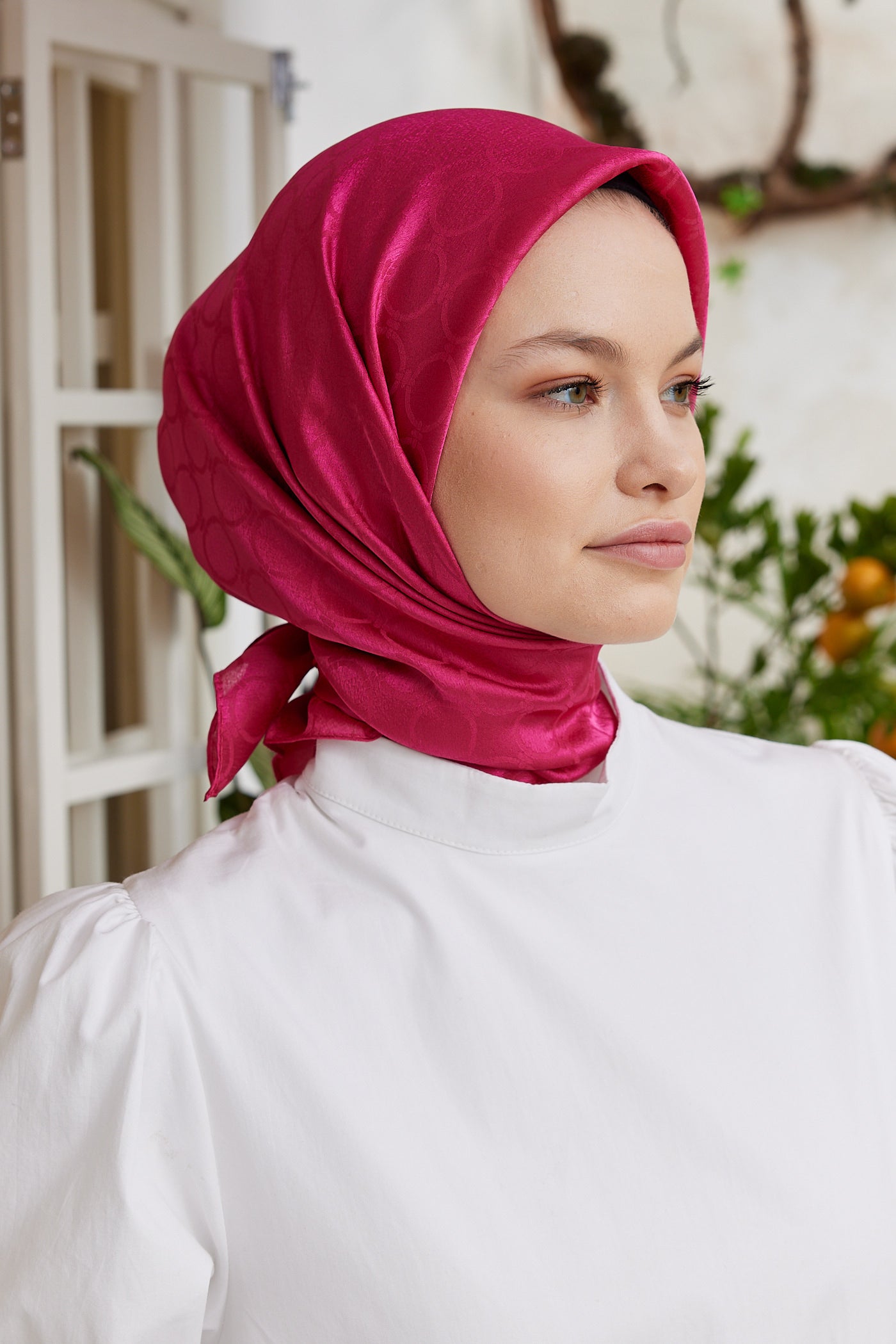 Tesettür Giyim - Jakar Janjan Halka Desen Eşarp - Fuşya - Emproyal