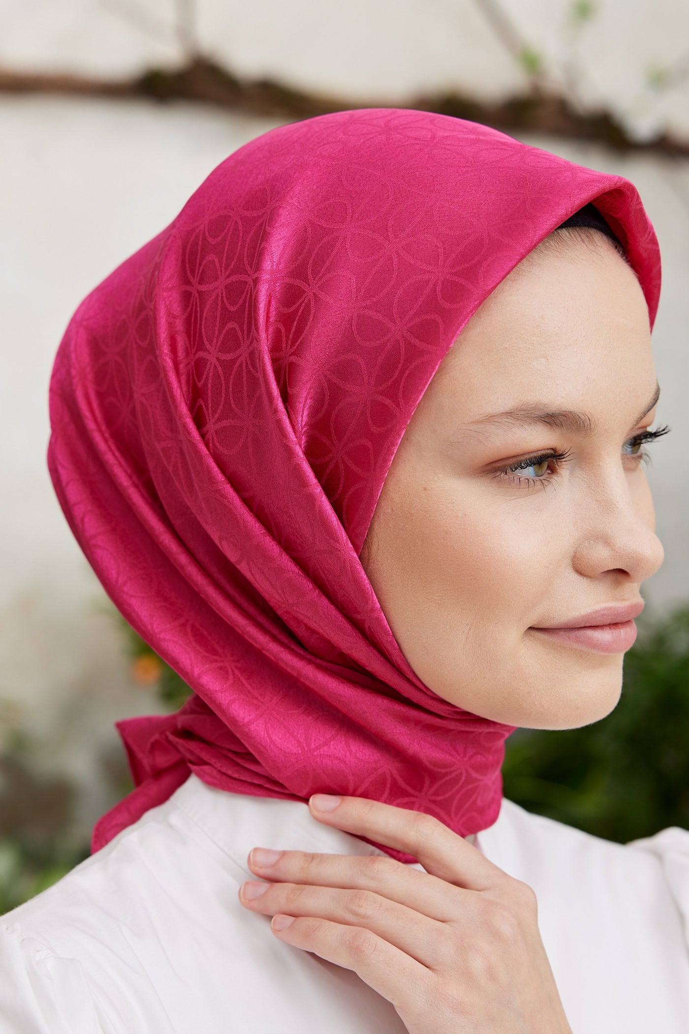 Tesettür Giyim - Jakar Janjan Elips Desen Eşarp - Fuşya - Emproyal