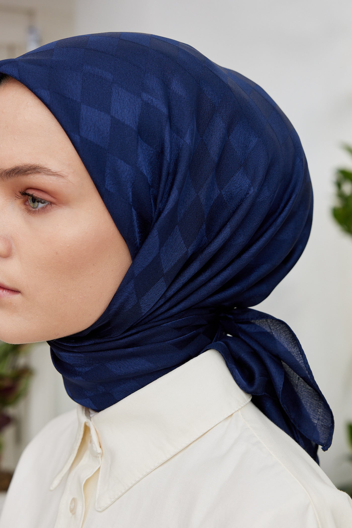 Tesettür Giyim - Jakar Janjan Dama Desen Eşarp - Gece Mavisi - Emproyal